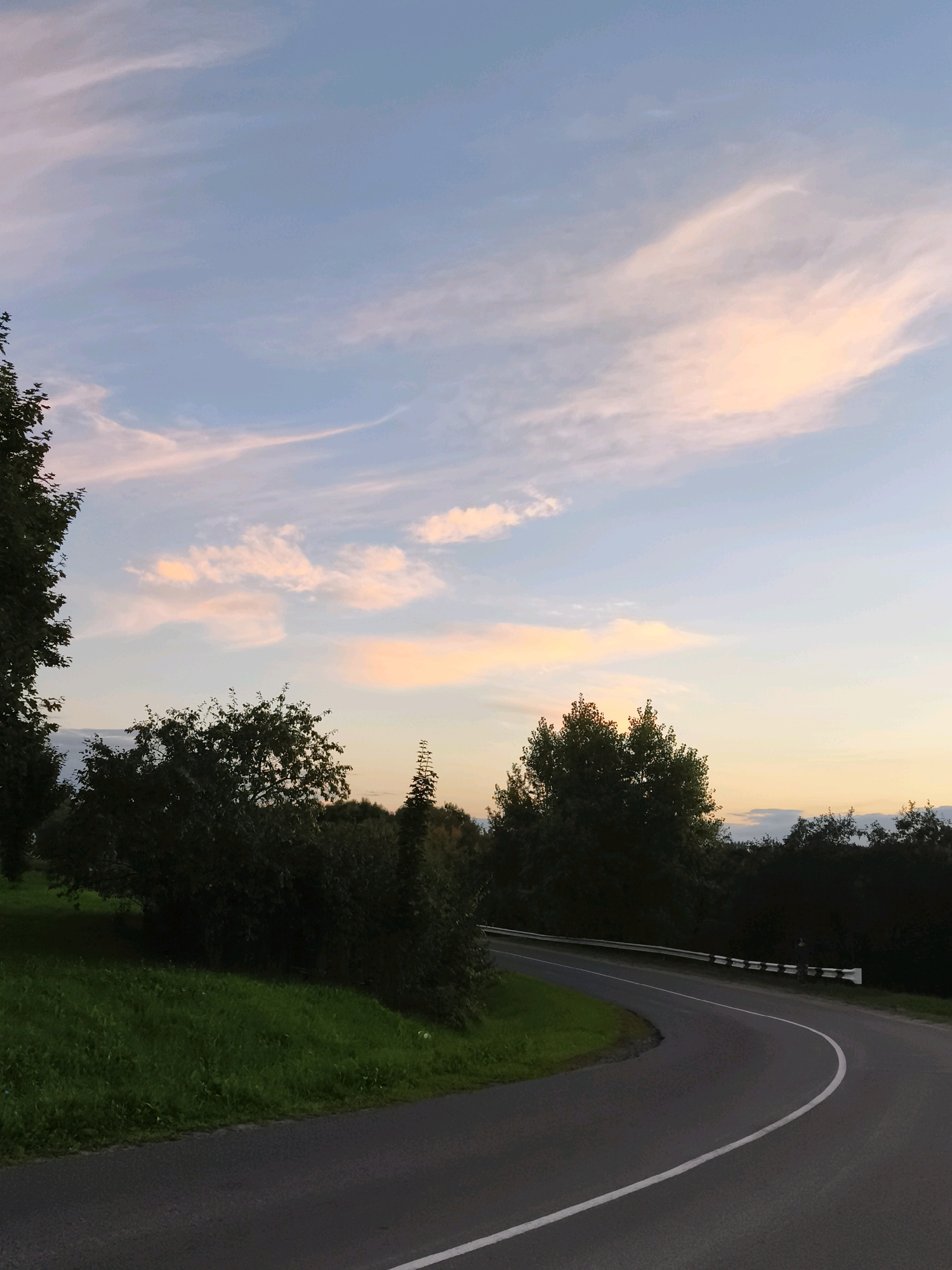 The image depicts a winding asphalt road with a white line marking the center, curving through a rural landscape under a twilight sky. The sky is a gradient of soft blues and pinks, with wispy clouds illuminated by the setting sun. To the left of the road, a grassy slope is covered in lush green grass, bordered by dark green trees and bushes. The trees on the right side of the road are also dark and form a dense line along the horizon, partially obscuring the sky. The scene is devoid of any people or vehicles. The overall impression is one of a peaceful, natural setting during a transitional time of day. This is a view of a road in the Gorki rural council, Belarus, likely a less developed area with extensive natural greenery.