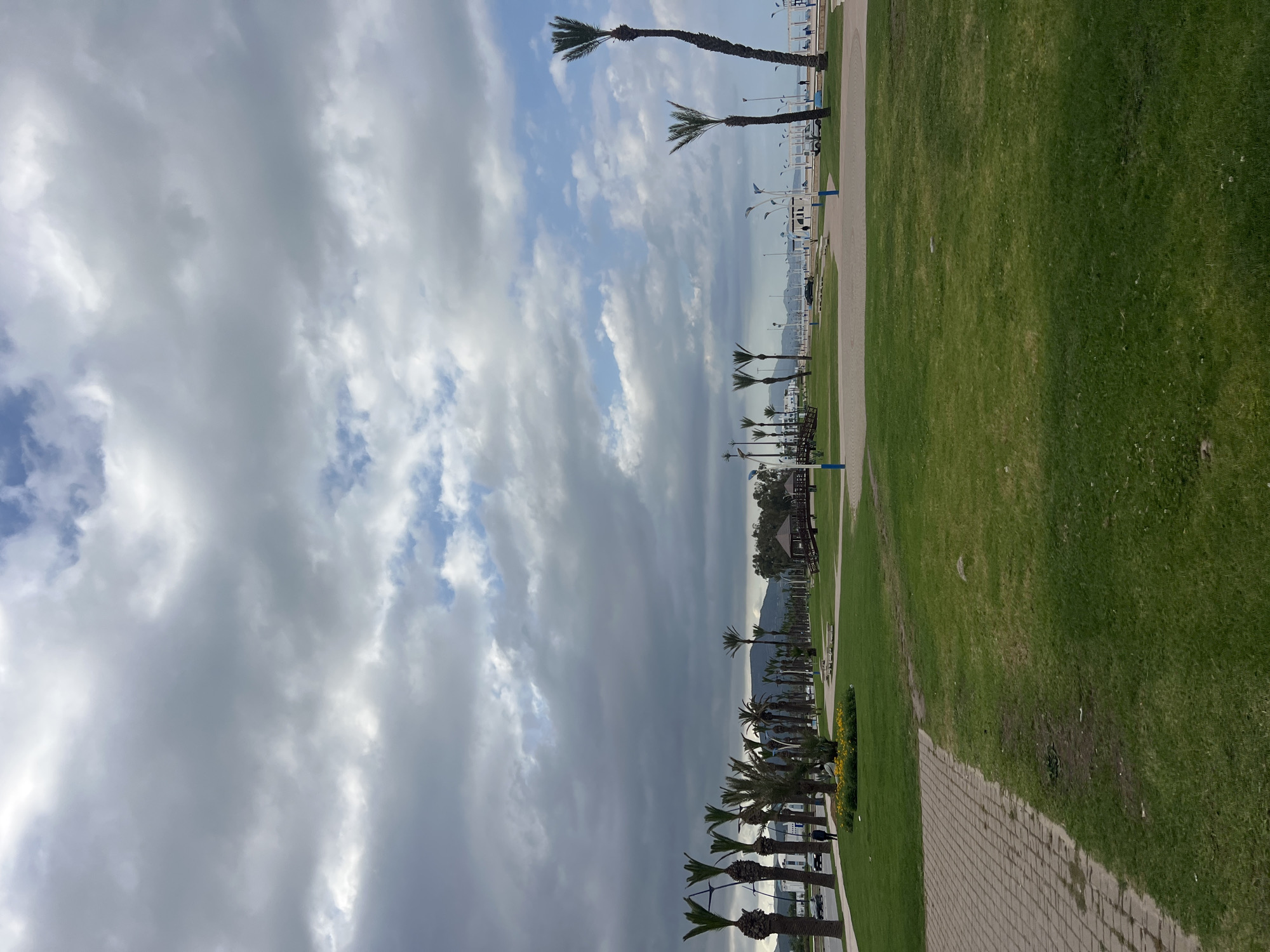 The image depicts a view from a park or promenade along the coastline of M'Diq, Morocco. The focus is on a long stretch of green grass and palm trees aligned along a paved walkway that parallels the beach. To the left, the sky is filled with clouds, ranging from white and fluffy to dark and ominous. The palm trees gradually decrease in size in the distance, leading towards a distant view of buildings, mountains, and potentially the Mediterranean Sea. The area appears to be a recreational space, with elements of landscaping and possibly infrastructure for public use, like benches or lighting. The perspective gives a sense of depth as the eye moves from the foreground's closer details towards the more distant, less defined elements. The image seems to be taken during daytime.