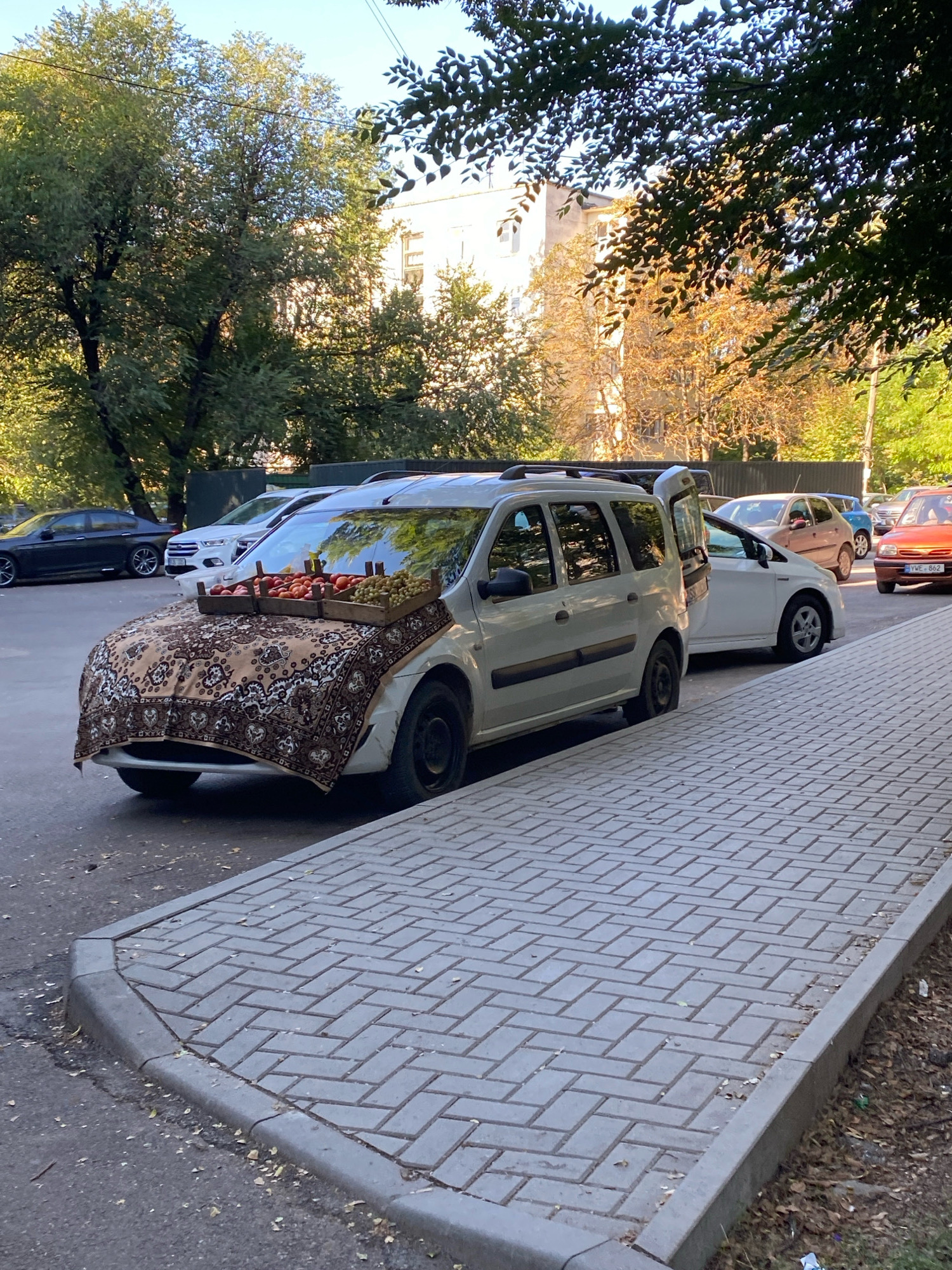 In Chișinău, Moldova, a light-colored van is parked on the side of a street with a decorative rug draped over its hood. Two wooden crates filled with assorted fruits, including apples and what appear to be peaches and grapes, are placed on top of the rug. The van has its rear door open, and there are other cars parked behind it. The scene is set against a backdrop of trees, some with autumn foliage, and a building in the distance. The street is lined with a pedestrian walkway made of brick pavers.
