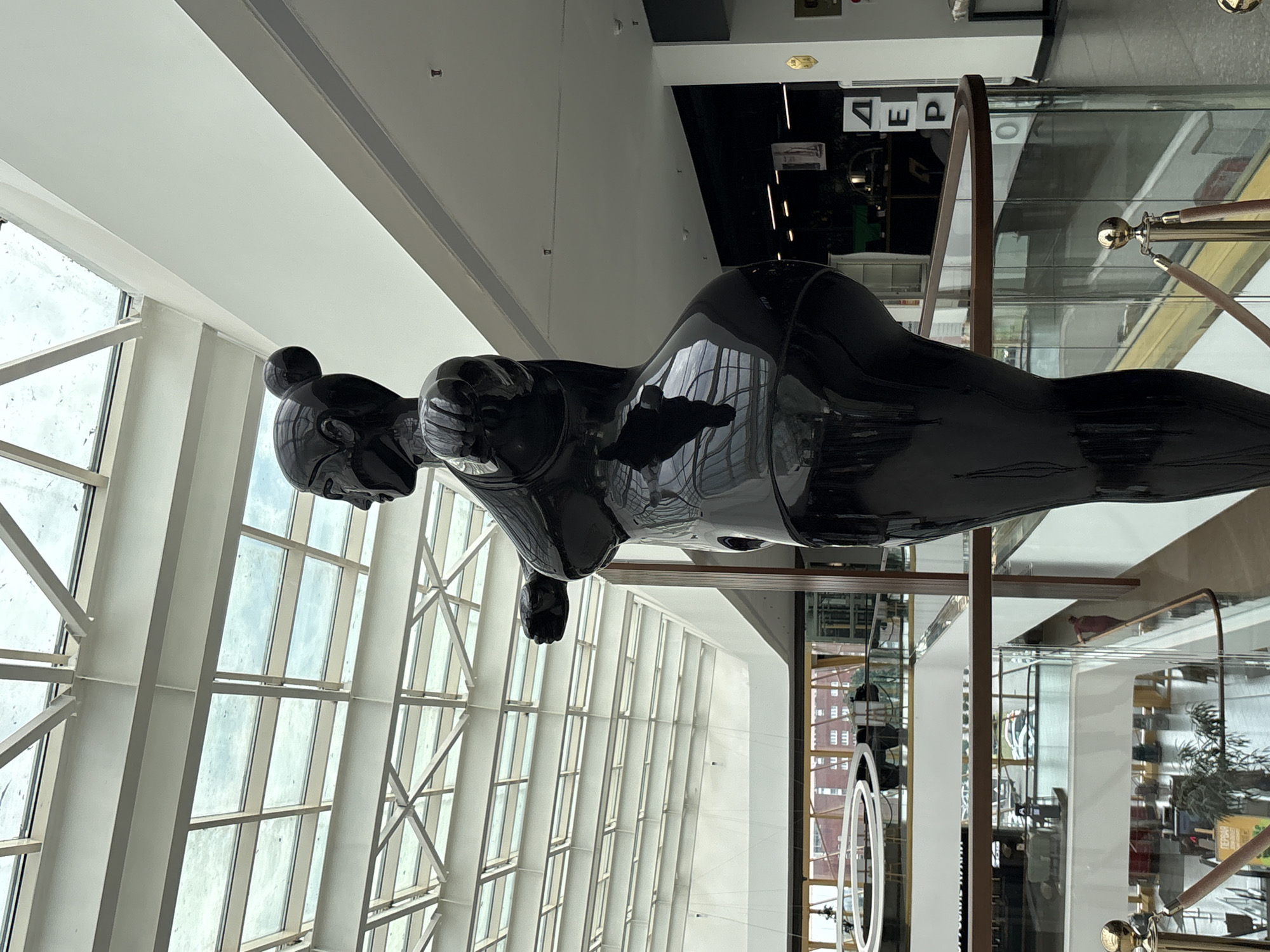 A black, glossy sculpture of a woman is displayed in a multi-story shopping mall. The sculpture is positioned in the foreground, facing left in profile, with its arms extended forward. The mall features a glass ceiling, white interior walls, and multiple levels with railings and balconies. In the background, shops and escalators are visible. A few people are present on the lower levels of the mall. The sculpture's reflective surface mirrors the surroundings. The sculpture is located in the "Nevsky Center" mall, which is situated on Nevsky Prospekt in Saint Petersburg, Russia.