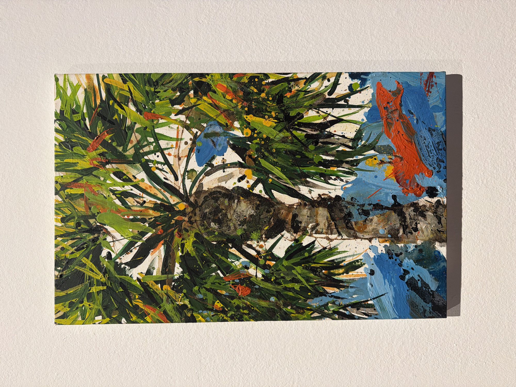 This is a medium shot, eye-level, horizontal photograph of an abstract acrylic painting mounted on a textured white wall. The painting depicts a close-up, impressionistic view of what appears to be pine needles and a branch. Dominant colors include various shades of green, brown, black, and blue, with accents of orange and yellow. The brushstrokes are dynamic and energetic, with visible splatters and thick applications of paint, suggesting a sense of movement and texture. The background is primarily white, with abstract splashes of blue, orange, and black paint on the right side of the canvas, creating a contrast with the natural elements on the left. The lighting suggests ambient, likely indoor lighting, casting a subtle shadow to the right of the painting. There is no discernible text or any indication of a specific time of day, weather, or explicit emotion within the artwork itself. The setting is a plain white wall, likely in a gallery or home environment. The subject matter appears to be a stylized representation of nature, possibly a pine tree branch, rendered in a bold, abstract style.