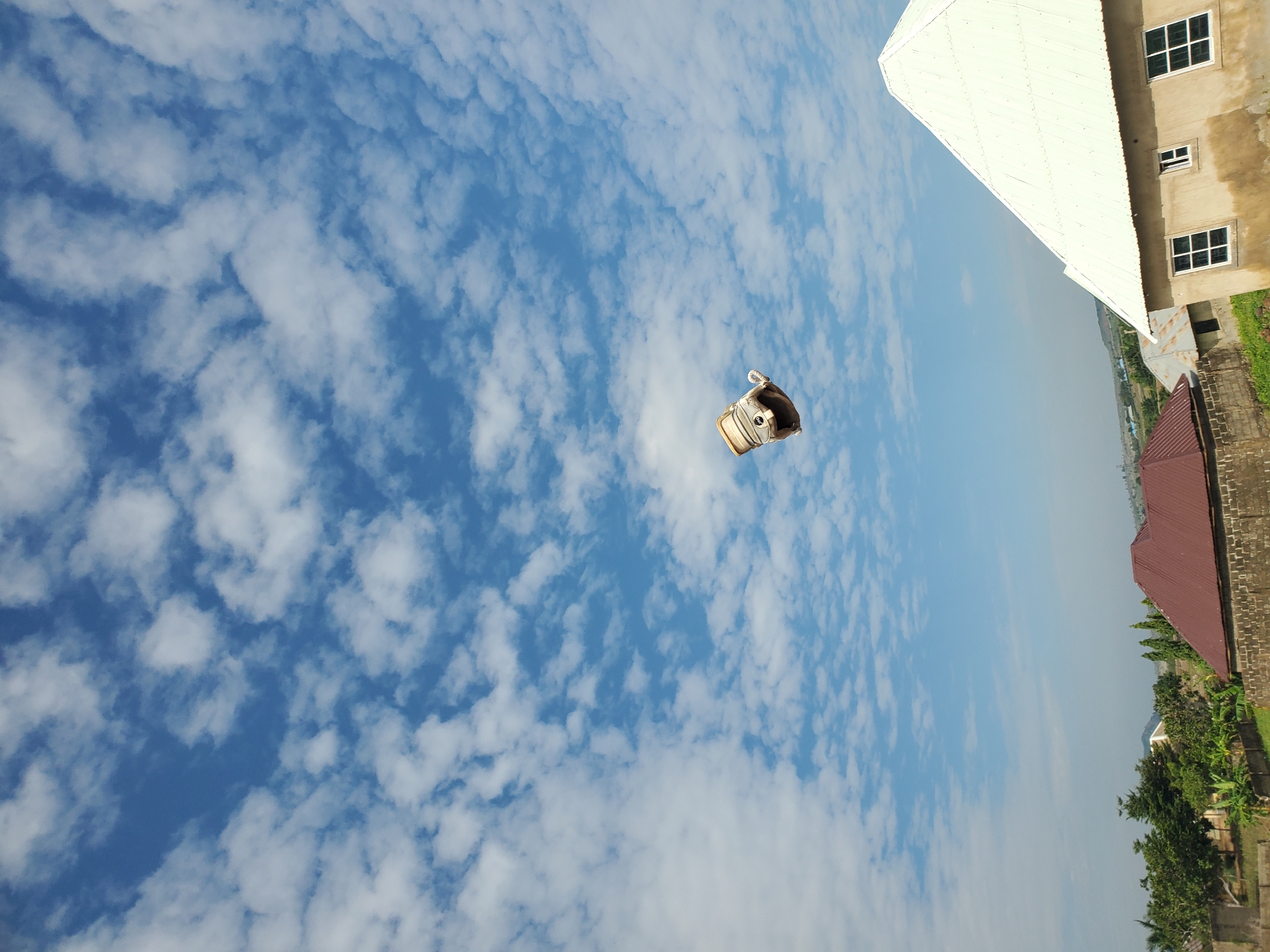The image presents an outdoor scene dominated by a vast blue sky filled with numerous scattered, white cumulus clouds. A single light-colored, beige or tan sneaker is suspended in mid-air in the upper-left quadrant, appearing to be in motion or having been thrown, with its sole partially visible and its opening facing slightly upwards and to the right.
In the lower right portion of the frame, a modern building with a distinctive light-colored, possibly white, corrugated metal pyramidal roof is visible. The walls of this structure are unpainted, light brown or beige concrete or stucco, and feature multiple rectangular windows with white frames. Towards the lower-left and midground, another building with a reddish-brown corrugated metal roof can be seen, partially obscured by a low wall constructed from unrendered stone or concrete blocks. The surrounding landscape includes various green trees and plants, notably some banana trees. The distant background consists of hazy hills or mountains under a lighter shade of blue sky near the horizon. No people are visible in the scene. This scene is located in the city of Winters, United States of America.
