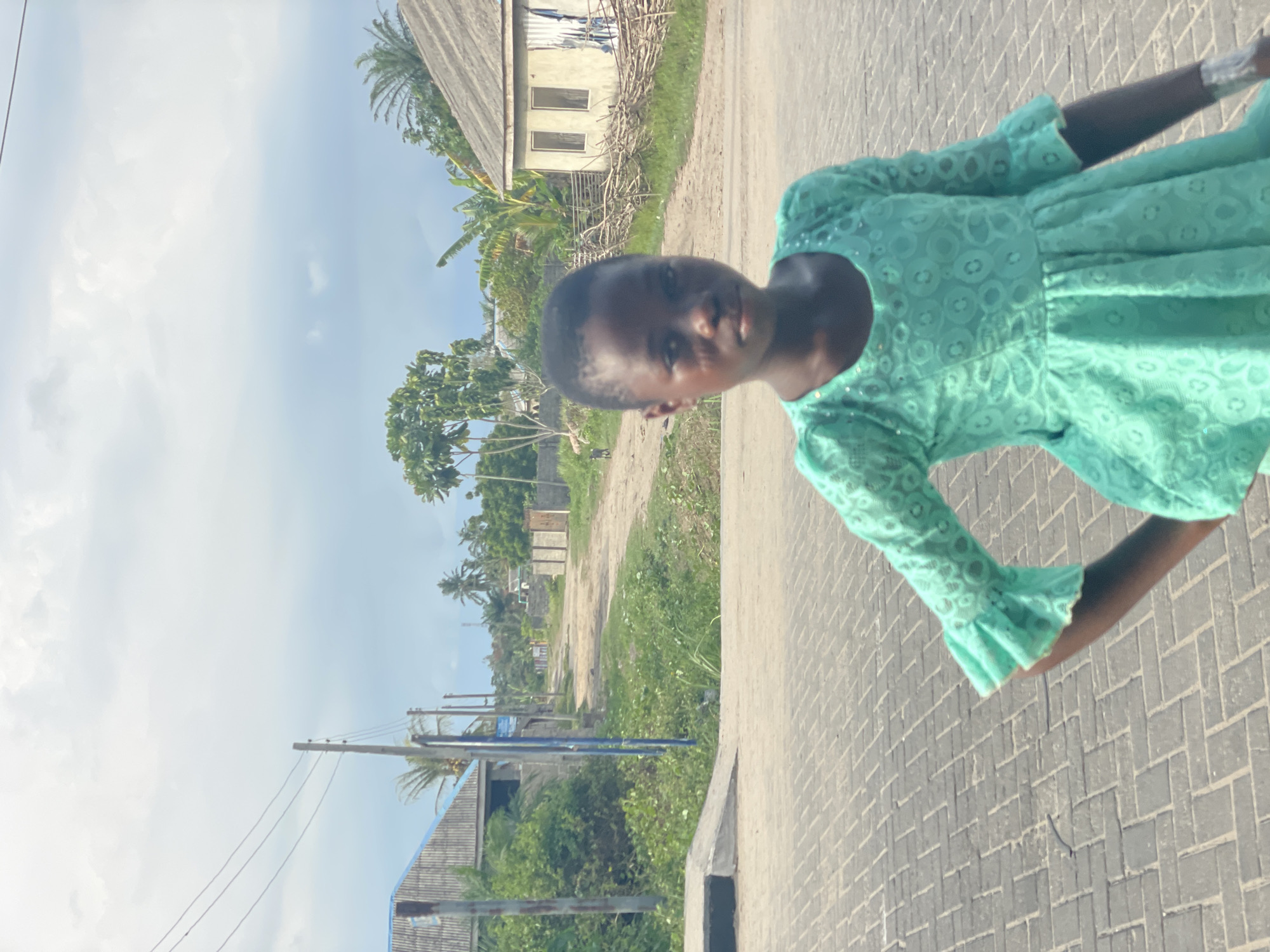 The image displays a young person with dark skin and short dark hair, standing outdoors and looking directly towards the camera with a neutral expression. They are wearing a vibrant light teal or mint green dress with a distinctive circular lace or embroidered pattern covering the fabric. The sleeves of the dress feature ruffled cuffs.
The person is positioned on a paved surface, likely a sidewalk or a road shoulder, constructed from grey rectangular interlocking pavers laid in a herringbone pattern. The background reveals a semi-rural or residential setting under a bright, partly cloudy blue sky, indicating daytime. To the left of the paved area, an unpaved dirt road runs parallel.
The landscape is rich with lush green vegetation, including various trees, bushes, and several prominent palm trees, suggesting a tropical or subtropical climate. Scattered throughout the background are several buildings, some appearing to be houses with corrugated iron roofs, while one features light-colored walls. Utility poles with overhead wires are also visible in the middle ground, indicating infrastructure. The overall scene depicts a sunny day in an outdoor environment, consistent with the provided location context of Badagry, Nigeria. There is no visible text in the image.