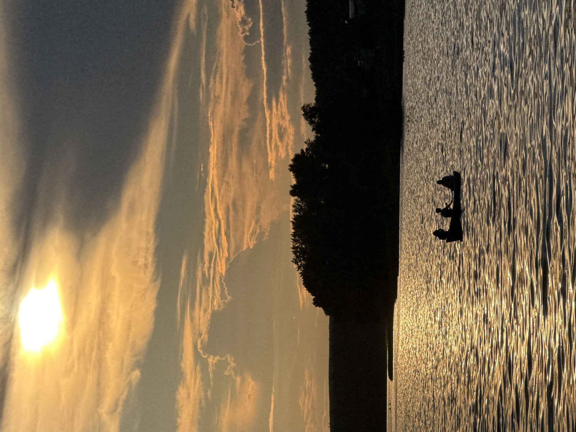 This image depicts a sunset over a body of water, possibly a lake or river, in Votkinsk, Russia. The sun, a bright white disc, is partially obscured by wispy clouds, casting a golden glow across the sky and reflecting shimmering patterns on the water's surface. In the foreground, a small boat with three silhouetted figures is visible on the water, with two figures appearing to be rowing. The middle and background are dominated by the dark silhouettes of trees and a distant shoreline, suggesting a natural or semi-natural environment. The overall mood is tranquil and serene, characteristic of a peaceful evening scene.