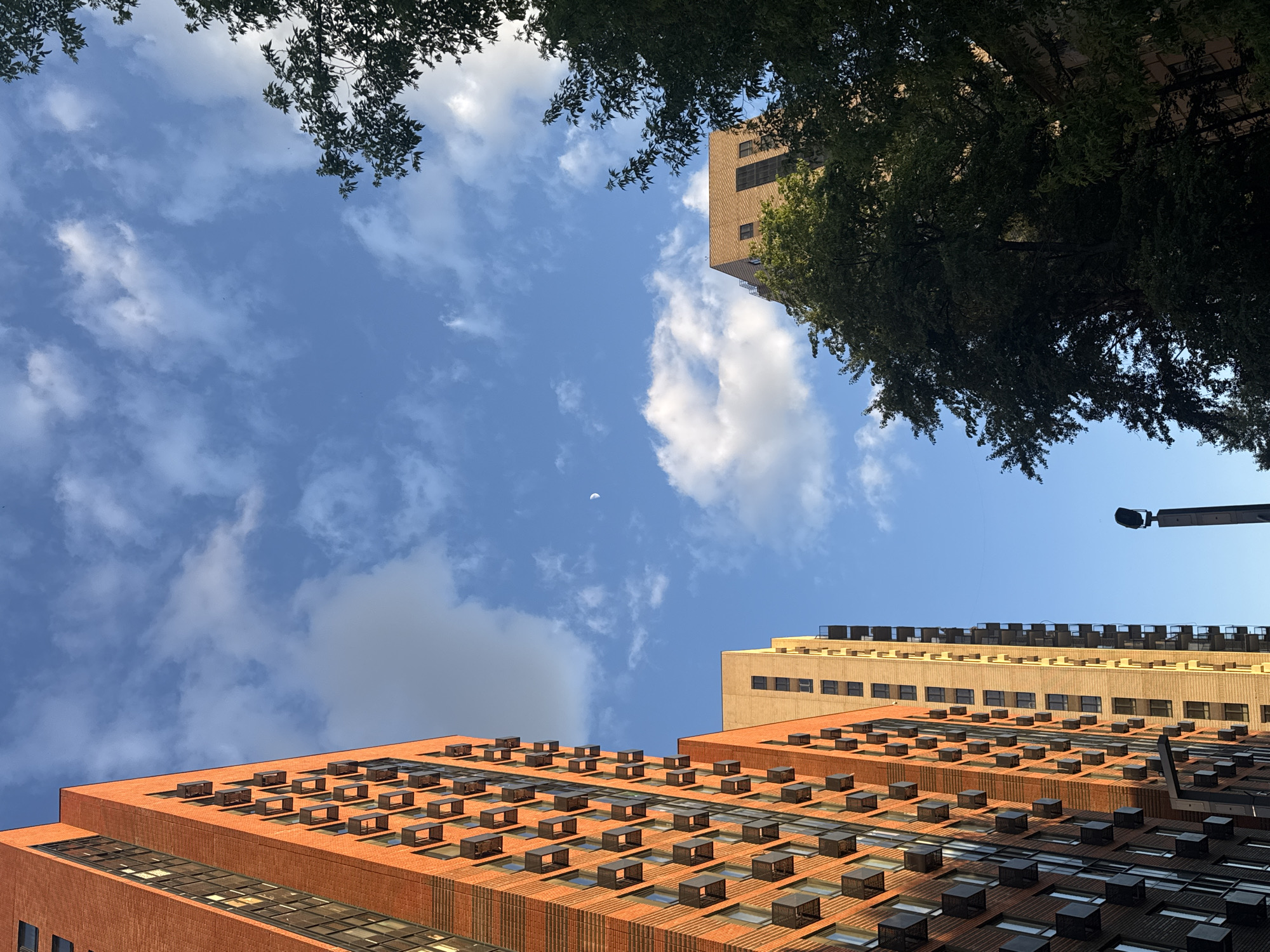 The image is taken looking up at a cityscape in Moscow, Russia. Buildings with orange brick facades fill the lower half of the frame. Many of these buildings have window air conditioning units that line the roof. In the upper part of the image, there is a blue sky with wispy clouds and branches of trees that border the edges of the photo. A faint crescent moon can be seen in the sky. A light pole is visible on the right side of the image, next to one of the buildings.