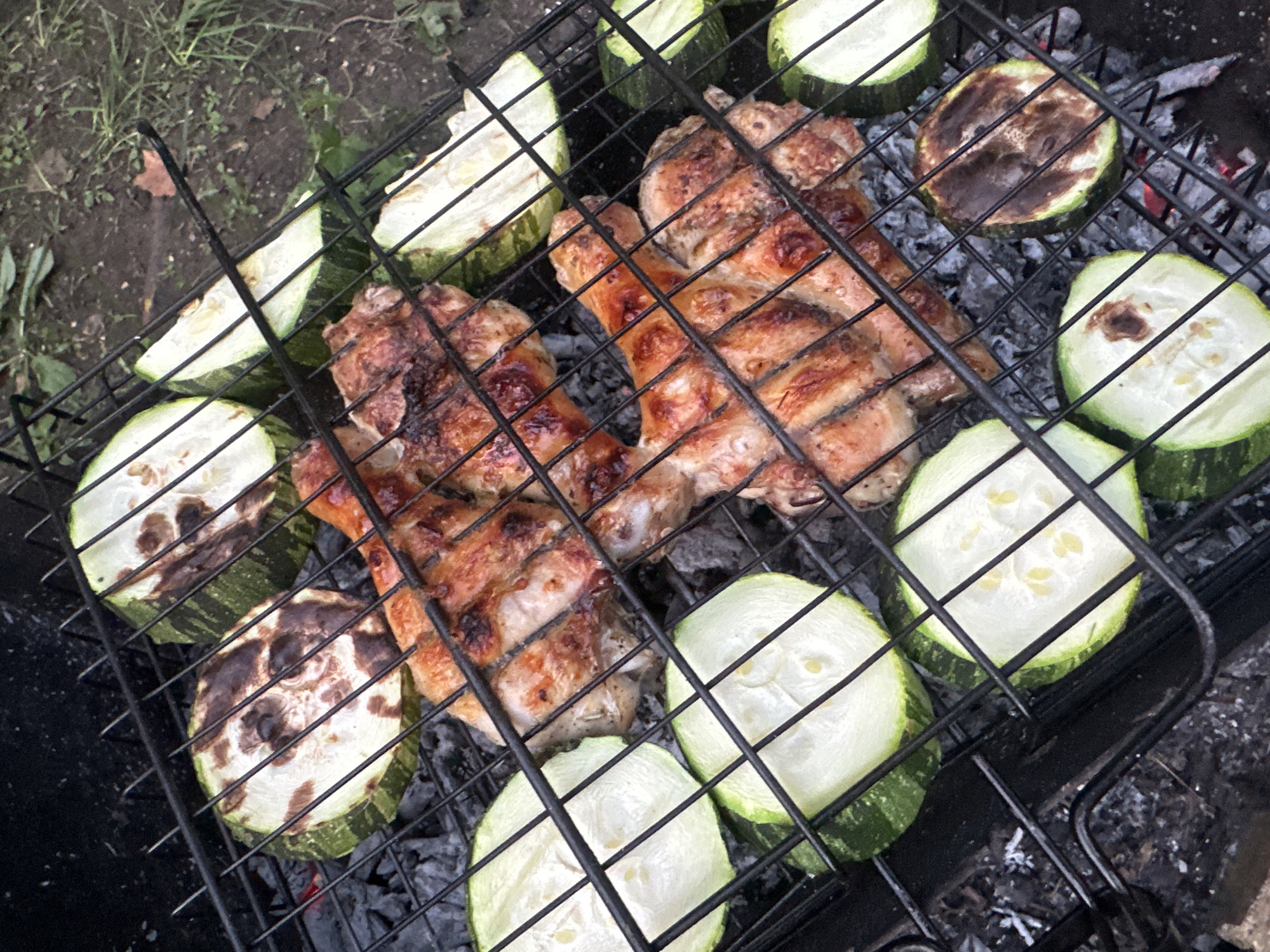 The image shows a close-up, overhead view of chicken pieces and sliced zucchini on a metal grill over hot coals. The chicken is cooked to a golden brown with char marks from the grill. The zucchini slices are round and have green rinds and white flesh with visible seeds. Some of the zucchini slices show signs of charring. The grill is set over a bed of gray ash and glowing red coals. The background consists of dark soil and green grass, suggesting an outdoor setting. The image does not contain any information that would indicate its location in Biysk, Russia.
