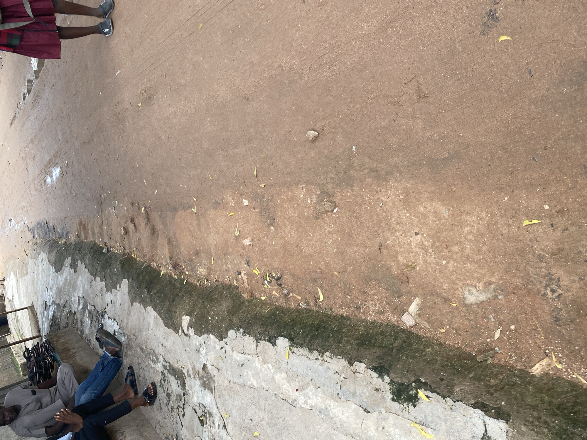 The image shows a ground-level view of a dusty, outdoor setting, likely in Jalingo, Nigeria. The ground is primarily composed of dry, reddish-brown earth with some patches of concrete. A thin, dark green, mossy strip runs along the base of a concrete wall, indicating dampness or a drainage area. Scattered yellow leaves are visible on both the dirt and concrete surfaces.
In the foreground, several individuals are casually seated or standing. One person is wearing a dark red skirt and grey sneakers, with their legs visible. Another person is wearing blue jeans and dark sandals, while another is wearing black pants and dark sandals. They appear to be resting or waiting.
The scene suggests a relaxed atmosphere, possibly during daylight hours, given the shadows cast. The dry, dusty ground and scattered leaves are consistent with an arid or semi-arid environment. The presence of people in casual attire indicates a common, everyday scene rather than a formal event. No text is visible in the image.