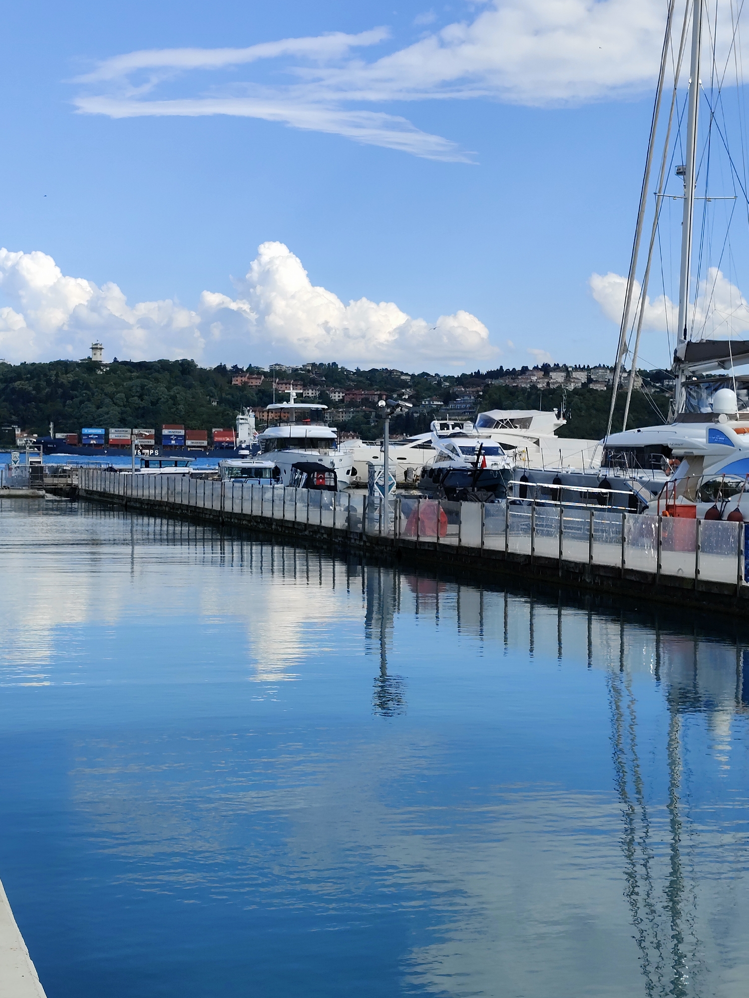 The image shows a marina in Unknown, Unknown, on a clear day with white, puffy clouds in a blue sky. A long pier stretches into the water, lined with various sizes and types of boats and yachts. The pier is also lined with a modern, clear panel railing. In the background, a tree-covered hill rises, dotted with buildings and a white tower. A cargo ship, stacked with containers, is visible behind the boats docked at the pier. The water is calm and reflects the sky and clouds.
