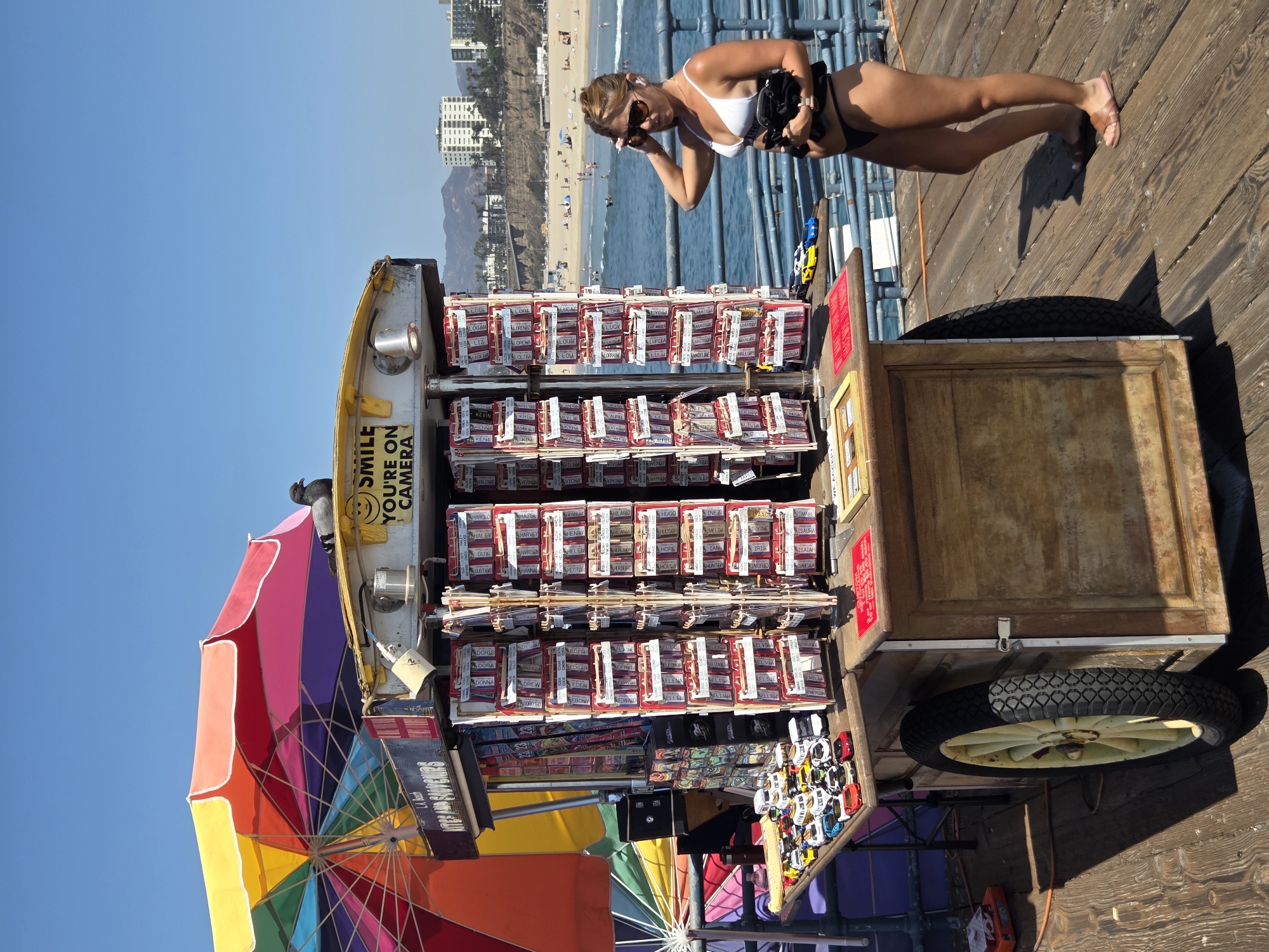 A pigeon is perched on top of a souvenir stand on the Santa Monica Pier, United States of America. The stand displays rows of small souvenir items, possibly keychains or lanyards, in red and white packaging. In front of the stand, a table holds numerous miniature toy cars. A woman in a white bikini top and black bottoms stands to the right of the stand, adjusting her sunglasses. She is holding a black clutch. Behind the pier, the Pacific Ocean is visible with people on the beach and in the water, and buildings line the distant coast. A rainbow-colored umbrella is partially visible behind the stand. The wooden planks of the pier are evident in the foreground.