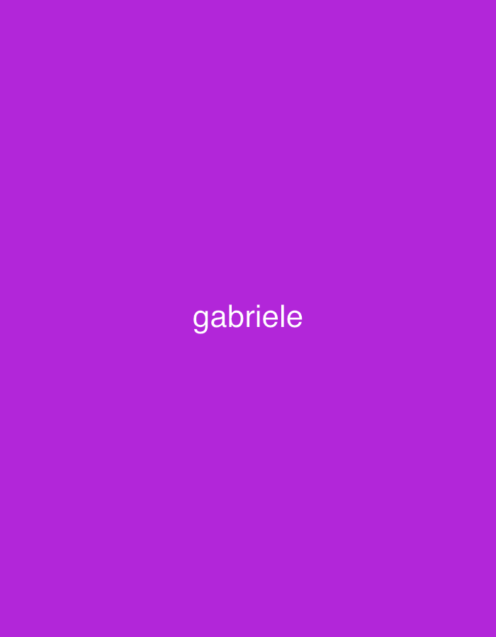 The media file displays a minimalist image featuring white text on a solid, vibrant purple background. The background fills the entire frame. Centered horizontally and vertically on this purple field is the word "gabriele", rendered in a clean, sans-serif font in lowercase letters. There are no other subjects, objects, or discernible activities present in the image. The scene conveys a simple graphic design rather than a photographic depiction of a real-world setting. This image is presented with the contextual location of Santa Ana, Venezuela.