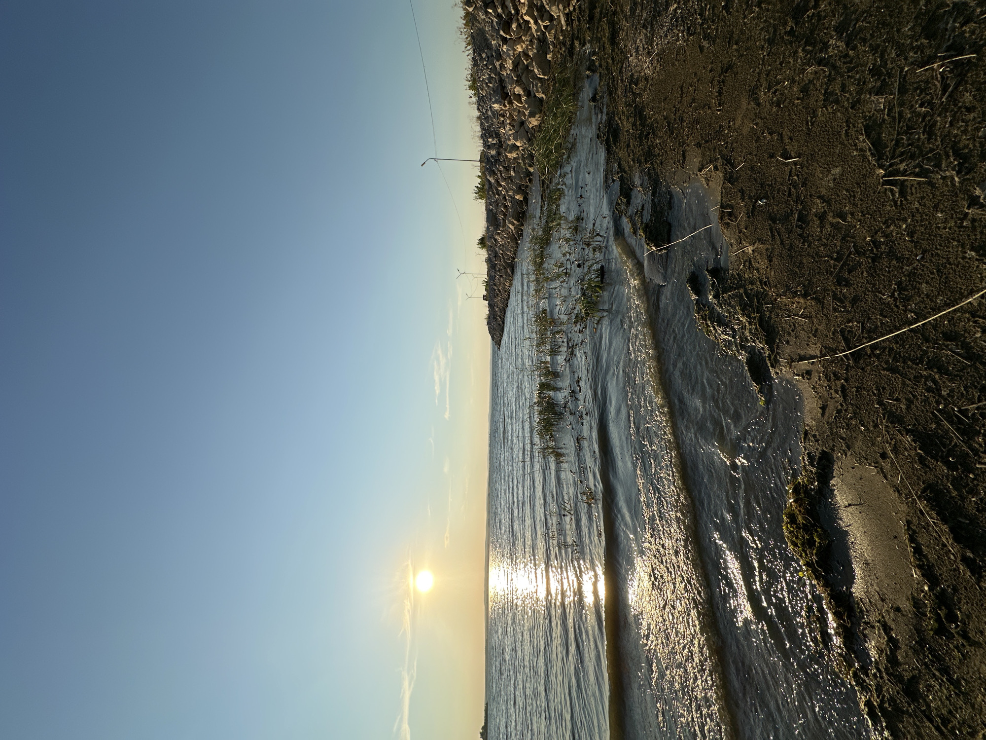 The image depicts a natural shoreline scene at sunset. The sun is low on the horizon, casting a warm, golden glow across the water and sky. Gentle waves lap at the sandy shore, which is partially covered with debris and vegetation. A rocky embankment lines the water's edge, with a few sparse plants growing along it. In the distance, a few wind turbines and utility poles are visible against the clear blue sky. The overall impression is one of tranquility and natural beauty. The image does not contain any people.
