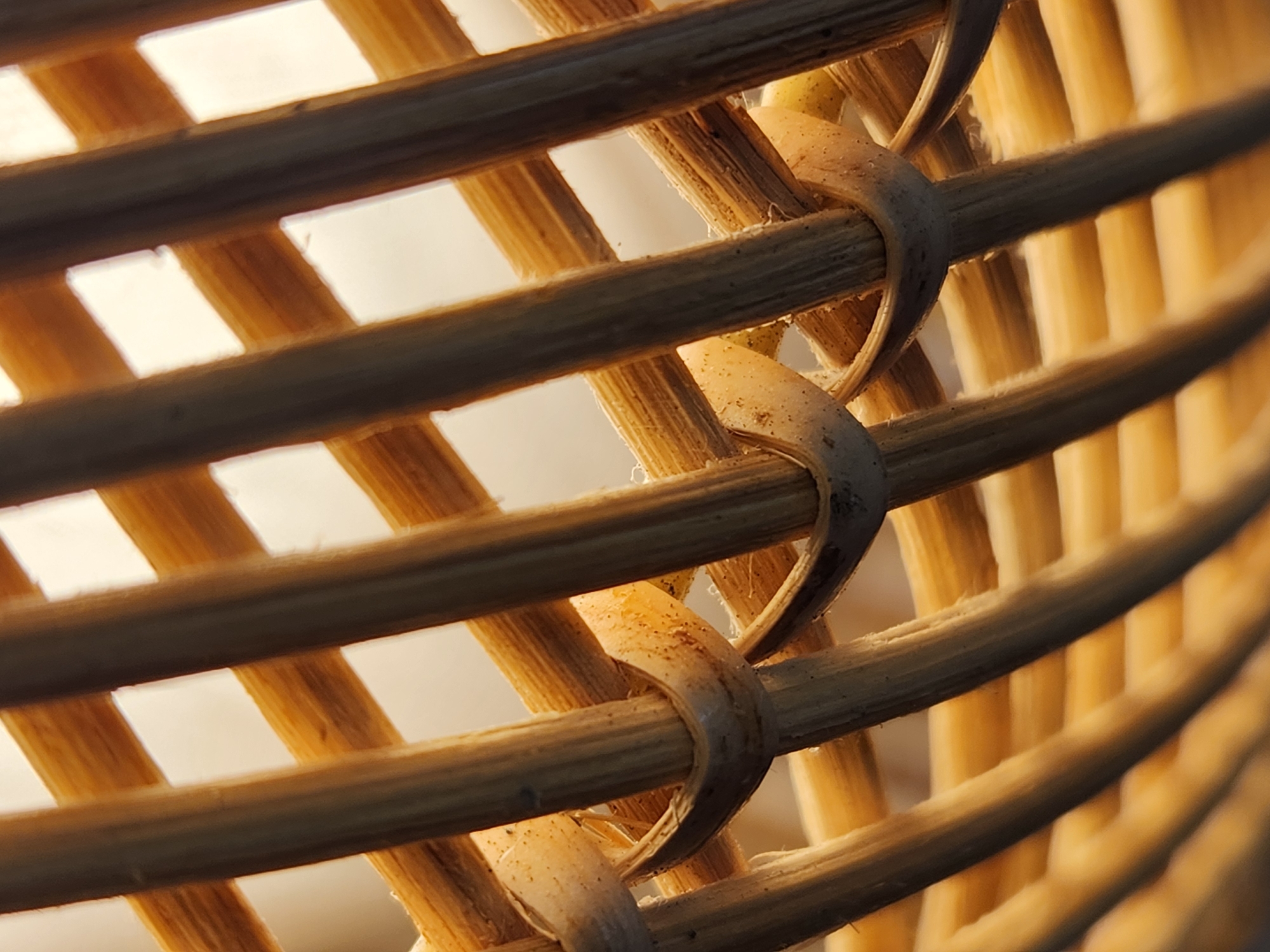 The image is a close-up, macro shot of a woven basket, likely made of rattan or bamboo. The basket's structure is the sole subject, with no people or discernible setting beyond the implied woven material. The weaving consists of horizontal and vertical strands of natural, light brown material. The horizontal strands are thicker and darker, appearing to be some kind of binding or frame, while the thinner, lighter vertical strands are woven through them. Several of these vertical strands are looped and secured to the horizontal strands with bands of the same material, creating a visible knotting or binding technique.
The lighting suggests it is either dawn or dusk, with warm, golden light illuminating the scene from behind, casting subtle shadows and highlighting the textures of the woven material. The light filters through the gaps in the weave, creating bright rectangular shapes. There are small specks of dust or dirt visible on some of the woven strands, adding to the natural texture and realism. The focus is sharp on the intricate details of the weave, with a shallow depth of field causing the background and some parts of the foreground to be softly blurred.
No text is visible in the image. The overall impression is one of rustic craftsmanship and natural beauty, emphasizing the texture, form, and interplay of light and shadow within the woven structure. The location context of Maitland, United States of America, does not provide any specific visual cues within the image itself.