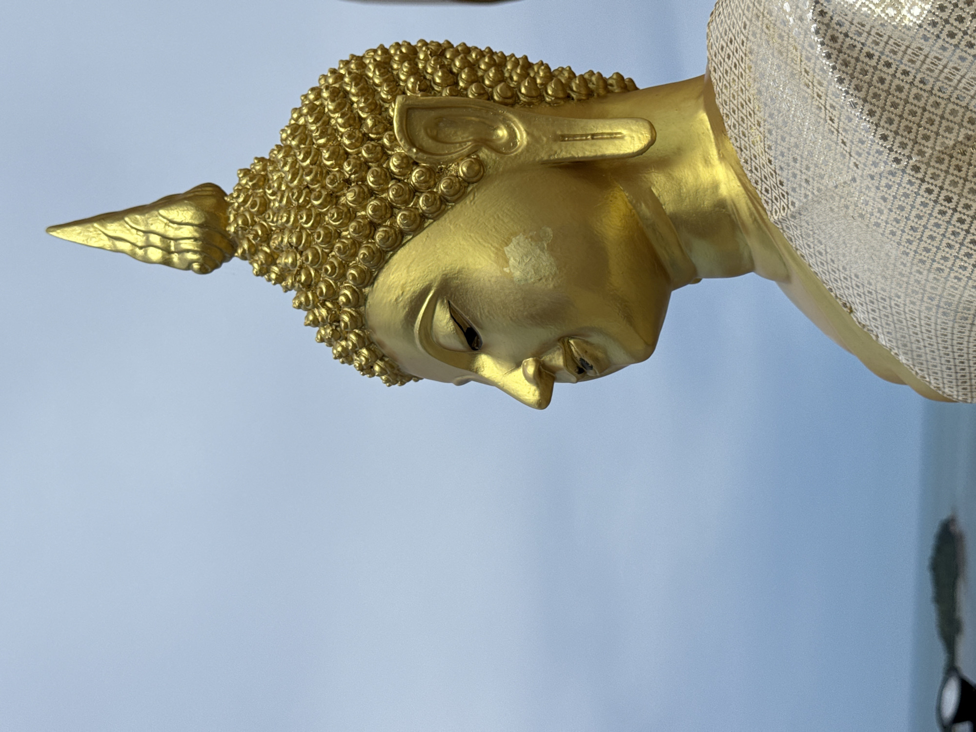 A close-up, side profile shot focuses on the golden head and shoulders of a Buddha statue against a pale blue, overcast sky. The statue is adorned with a patterned, shimmering fabric draped around its shoulders. In the blurred background, a body of water is visible, with a small, dark island on the left and the hazy outline of what appears to be a coastline on the far left.