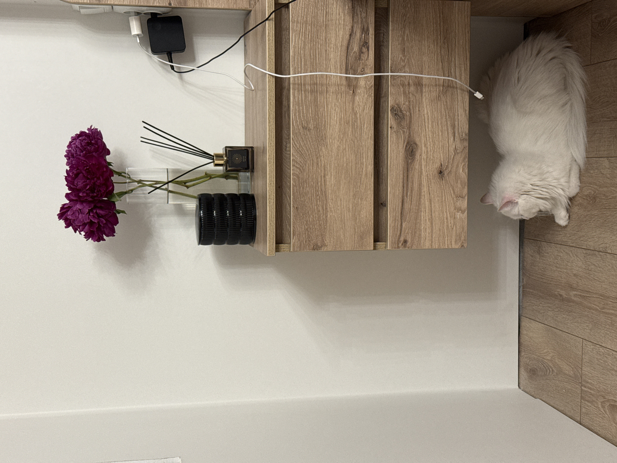 In an indoor setting with a neutral-toned wall and wooden flooring, a white long-haired cat is resting on the floor beneath a wooden nightstand. The nightstand has two drawers and a wooden top surface. On the nightstand, a glass vase holds several deep purple flowers, a diffuser with black reeds, and a black stack of circular objects. To the right of the nightstand, a power strip is plugged into a wall socket, with a black charging block attached and a white cable extending from it. The scene appears to be a bedroom or living area.