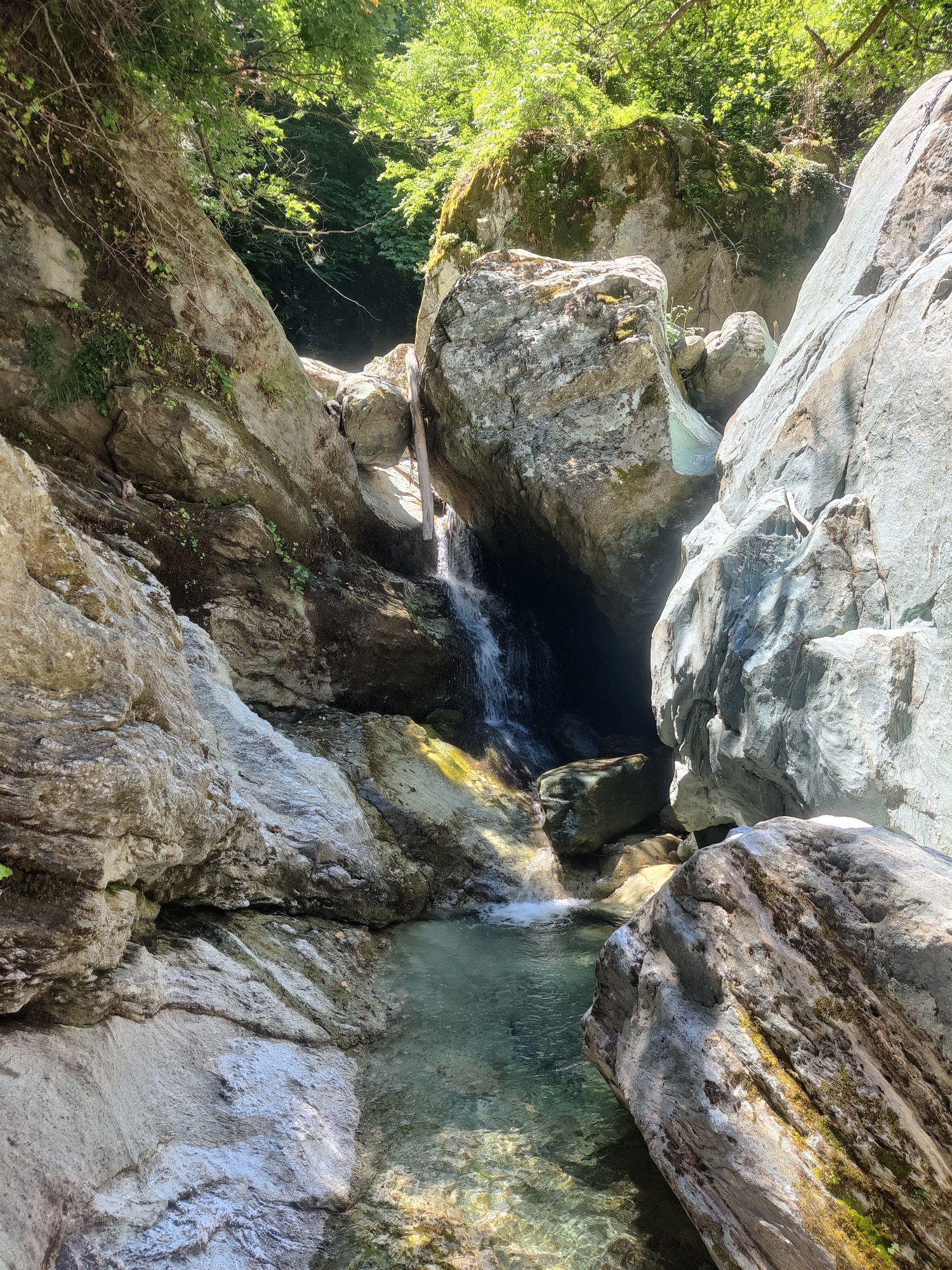 A shallow, clear stream flows over smooth, light-colored rocks, forming small cascades within a rocky gorge. The surrounding rocks are large and grey, with some moss and vegetation growing on them. Trees with green foliage overhang the gorge, and sunlight filters through, illuminating parts of the scene. The water appears cool and inviting, and the environment suggests a natural, secluded outdoor setting. The image is likely taken in a mountainous or forested area. The specific location in the Municipal Unit of Melivia, Greece, is a natural watercourse within a rugged landscape.