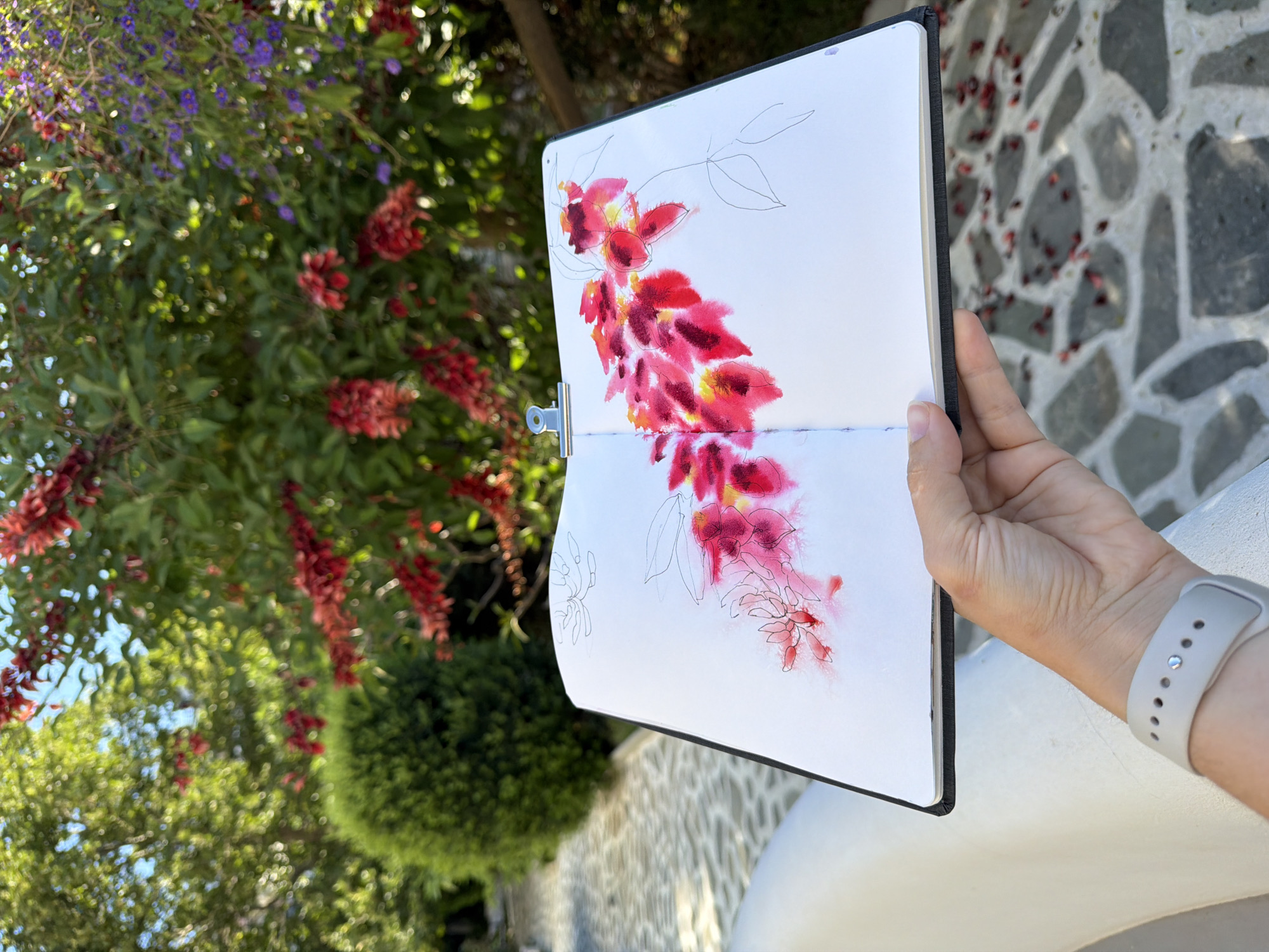 The image shows a person holding a sketchbook in the city of Poros, Greece. The sketchbook is open and displays a watercolor painting of red flowers resembling the flowers visible in the blurry background on the left. The flowers are sketched with simple outlines and splashes of red watercolor paint with yellow highlights. The hand holding the sketchbook is wearing a light gray smartwatch. The background features a stone wall, a tree with red and purple flowers, and a small round shrub.