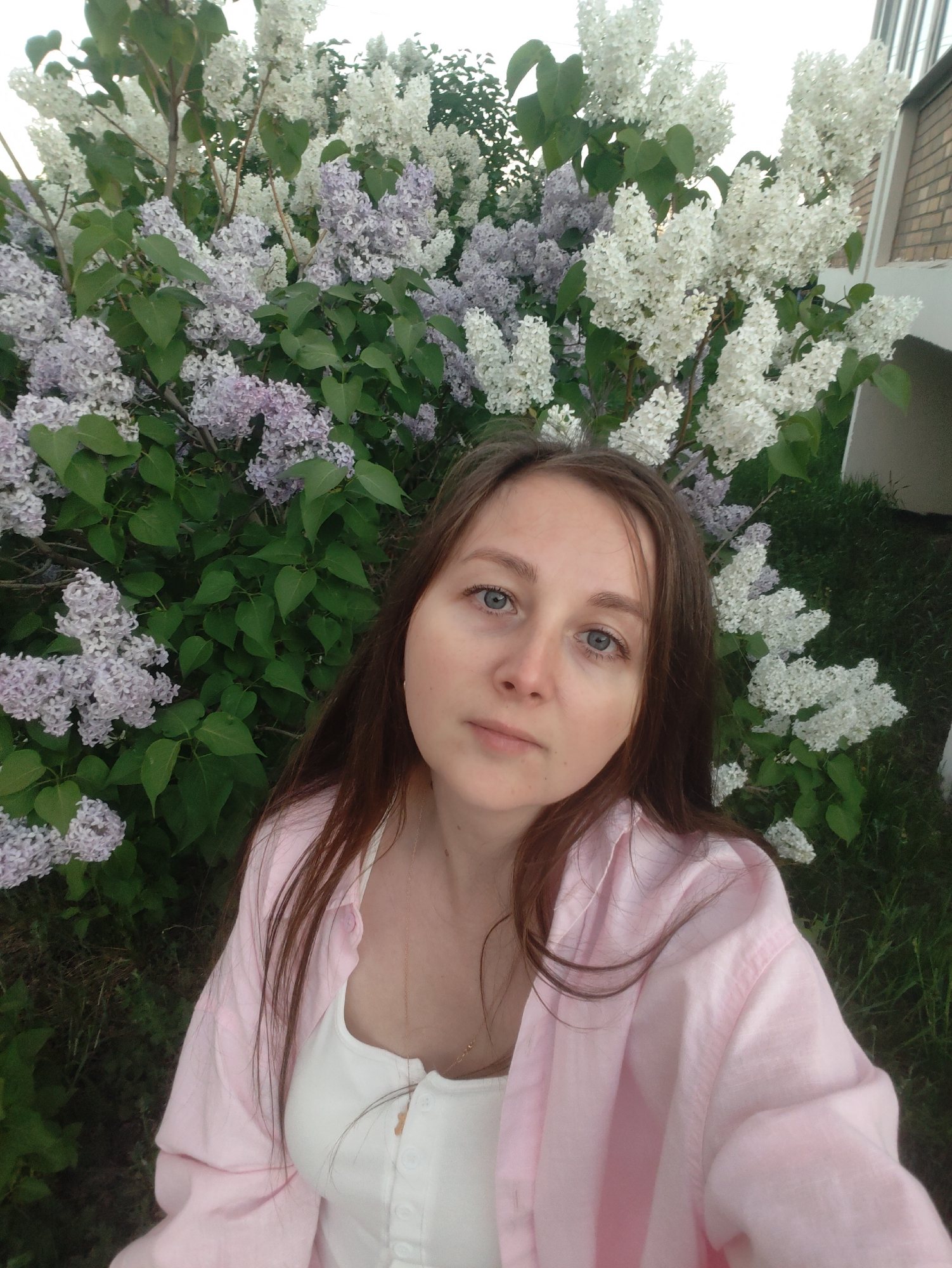 A medium eye-level shot depicts a young woman outdoors, standing in front of a large bush of lilacs. The lilacs are a mix of white and light purple. The woman has long, brown hair, light skin, and blue eyes. She's wearing a white top under a pink button-down shirt. There are green plants and grass visible in the foreground and around the bush. A brick building is partially visible in the upper right corner. The location is city of Unknown, Unknown.