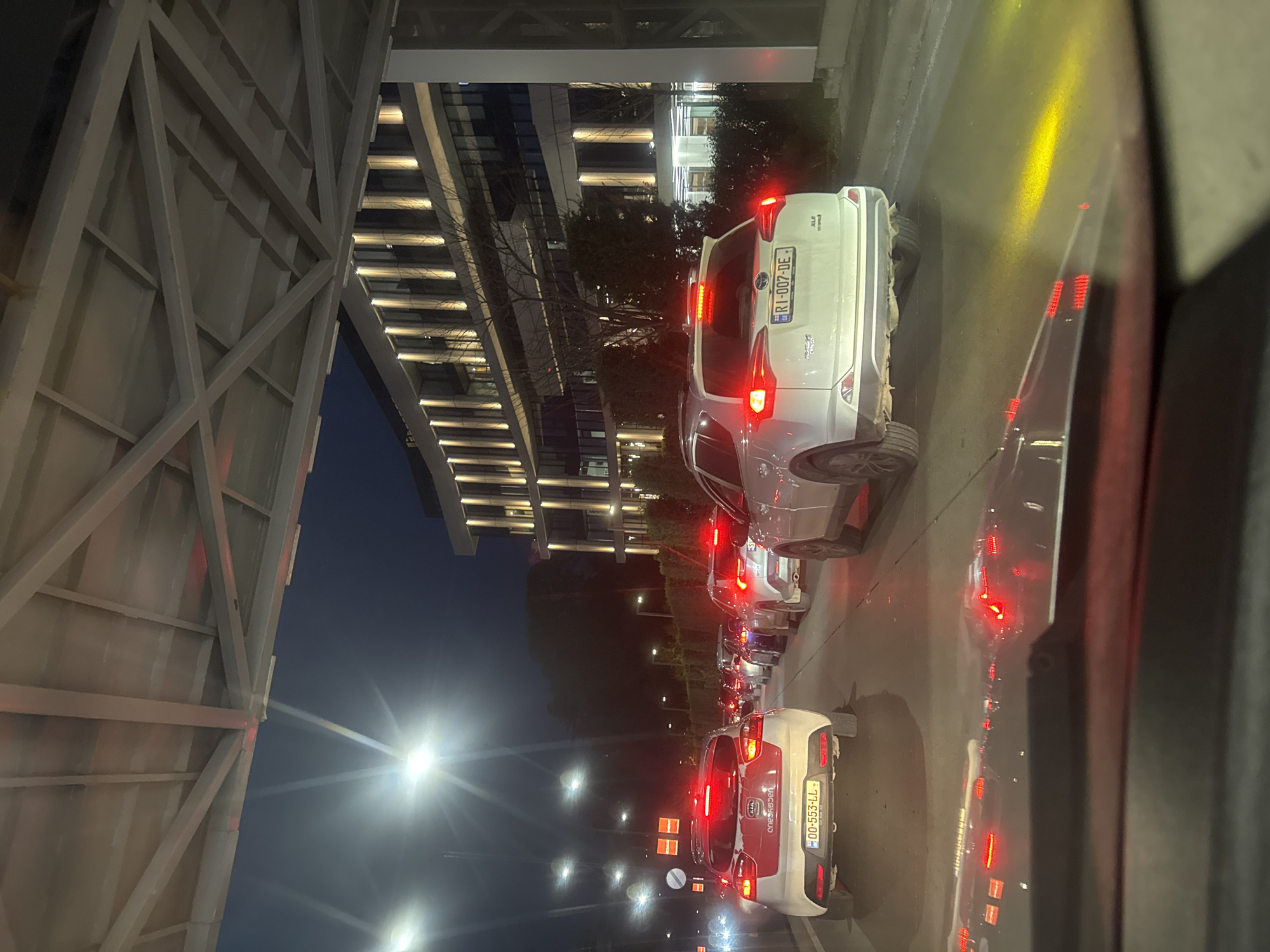 An urban nighttime scene captured from inside a vehicle, looking towards a line of traffic. The image appears to be rotated 90 degrees clockwise. When viewed upright, a large, light-colored structural element, possibly part of a bridge or elevated walkway, with a distinctive lattice-like design, occupies the left side of the frame.
To the right, a queue of vehicles is illuminated by their red taillights. Prominently in the mid-ground is the rear of a white Toyota RAV4 XLE Hybrid SUV, with its brake lights activated. Its Georgian license plate, "RI-007-DE," is clearly visible. Behind it, further down the road, is a white and red Kia Picanto, also displaying a Georgian license plate, "00-553-LL." Reflections of the vehicle lights are visible on the wet road surface, suggesting recent rain or damp conditions.
In the background, on the right, modern multi-story buildings with horizontal strip lighting are visible, creating a sleek urban backdrop. Sparse trees are interspersed between the vehicles and the buildings. Bright streetlights dot the scene, causing significant lens flares against the dark night sky. The presence of Georgian license plates confirms the location as Tbilisi, Georgia. The overall impression is one of slow-moving or stopped traffic at night in a contemporary city setting.