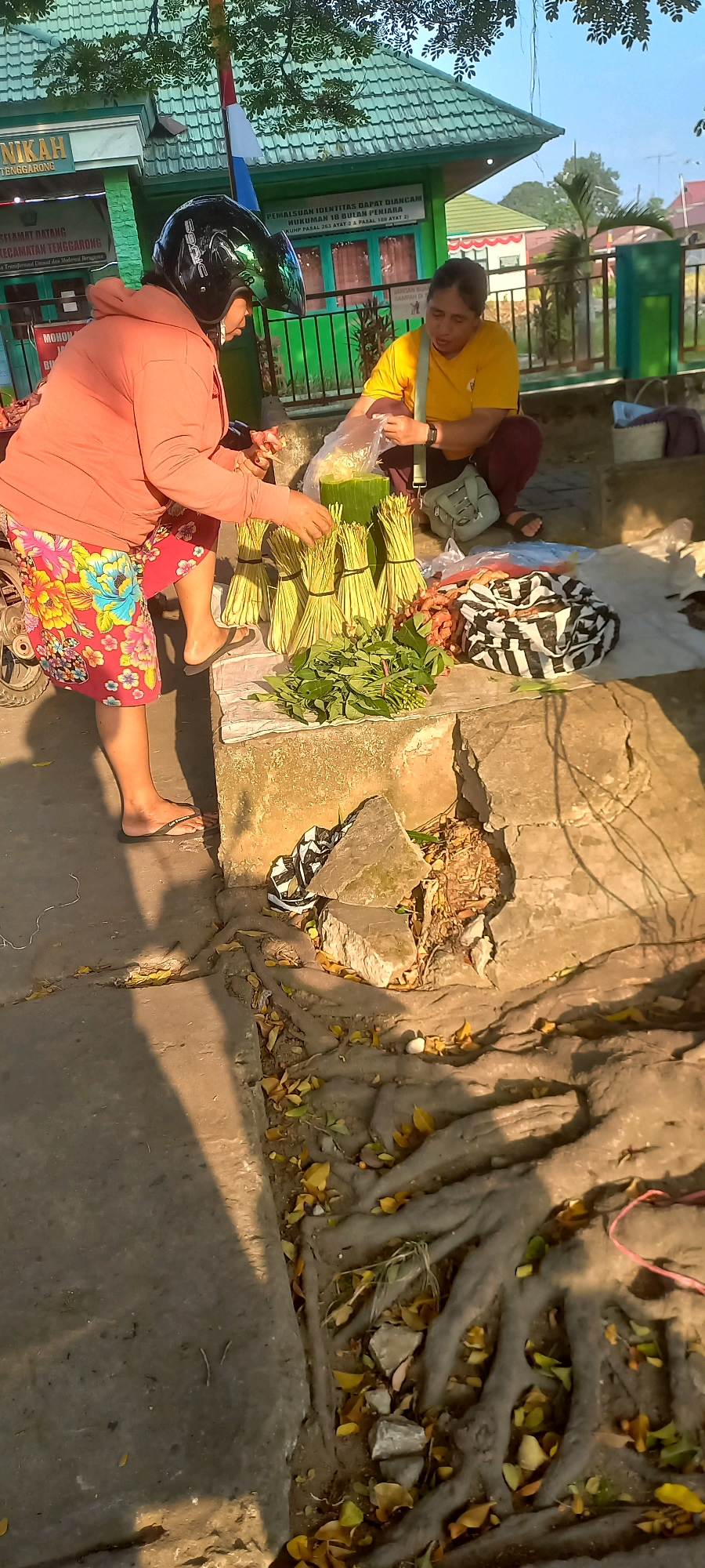 Two individuals are engaged in a transaction of fresh produce at an outdoor market stall. The stall is set up on a concrete platform adjacent to a building with a green tiled roof and visible signage. One person, wearing a pink hoodie and a floral skirt, is standing and appears to be selecting items. The other person, in a yellow t-shirt and maroon pants, is seated and handing a plastic bag to the standing individual. Piles of bundled produce, likely herbs or vegetables, are arranged on the platform, along with some leafy greens and what appears to be raw meat. A black motorcycle is partially visible to the left. The ground is a mixture of concrete and exposed tree roots, with fallen leaves scattered around. The scene suggests a local market environment in Melayu, Indonesia.