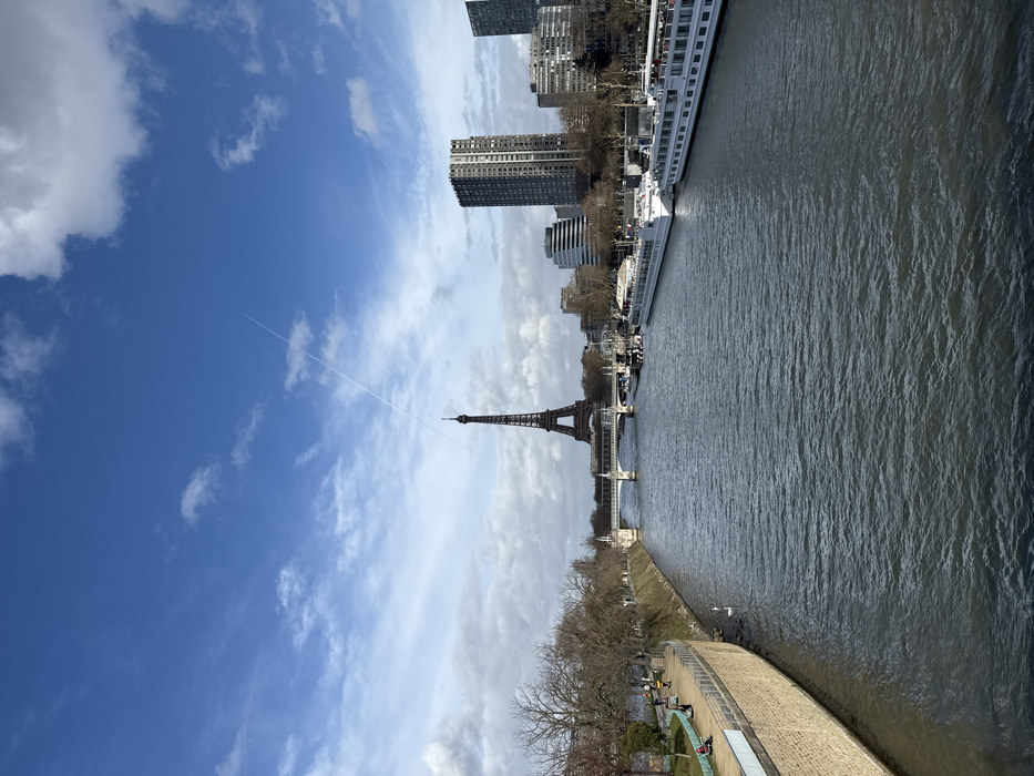 The image displays a wide view of the Seine River in Paris, France, featuring the Eiffel Tower and the Pont de Bir-Hakeim bridge. The perspective appears to be from a bridge or elevated point looking generally eastward along the river.
The Eiffel Tower, a dark metallic structure, stands prominently in the mid-ground, centered horizontally. Directly in front of the Eiffel Tower, the Pont de Bir-Hakeim bridge crosses the river, identifiable by its two-level construction including an elevated metro line with arches.
The sky is partly cloudy with patches of blue and numerous white to light grey clouds. A single, distinct white contrail extends diagonally from the upper left to the mid-right of the frame, passing near the top of the Eiffel Tower.
The Seine River occupies the foreground and middle ground, its surface a dark grey-blue with visible ripples. The left riverbank features a light-colored stone retaining wall topped by a tree-lined promenade. The trees are bare, indicating a non-foliage season. Several individuals are visible on the promenade; some are walking, and at least one is seated on a bench. Two white swans are present in the river near the left bank.
Along the right riverbank, multiple long, white passenger boats or barges are moored. Beyond the boats and a line of bare trees, urban structures include several tall, multi-story buildings with dark facades and numerous windows, along with other cityscape elements.