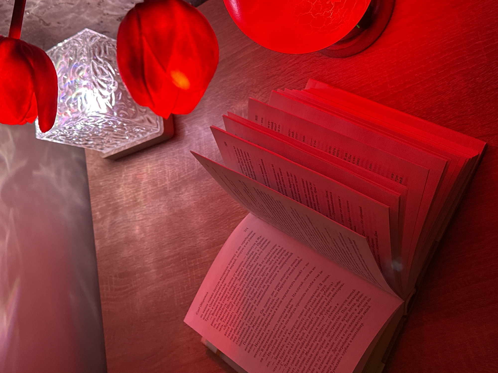 The image depicts an open book resting on a wooden surface, illuminated by a warm, predominantly red light. The book's pages are fanned out, revealing Cyrillic text, with page numbers 314 and 355 clearly visible. The overall scene is saturated with a red hue, cast by several artificial light sources.
On the left side of the frame, two red, tulip-shaped light fixtures or decorations hang. Between them, a clear, faceted glass light fixture emits a bright white light, creating reflections and glints. On the right side, another red, spherical light fixture with a textured, possibly cracked, surface is partially visible. The wooden surface beneath the book and lights has a visible grain.
The visible text, in Russian, includes what appears to be a chapter title, "След Оборотня" (Trail of the Werewolf), and mentions characters like "Марино" (Marino) and "Андерсон" (Anderson). The text discusses a "Lumalight" lamp used for forensic investigation, detailing its ability to reveal blood, sperm, drugs, and fingerprints at a crime scene. Phrases such as "крикнула в Марино", "узнал про труп", and "Можно приступать" suggest a narrative revolving around a mystery, crime, or thriller genre. The strong artificial lighting, particularly the red glow, implies an indoor setting, likely an evening or nighttime scene, creating an intimate or dramatic ambiance for reading.