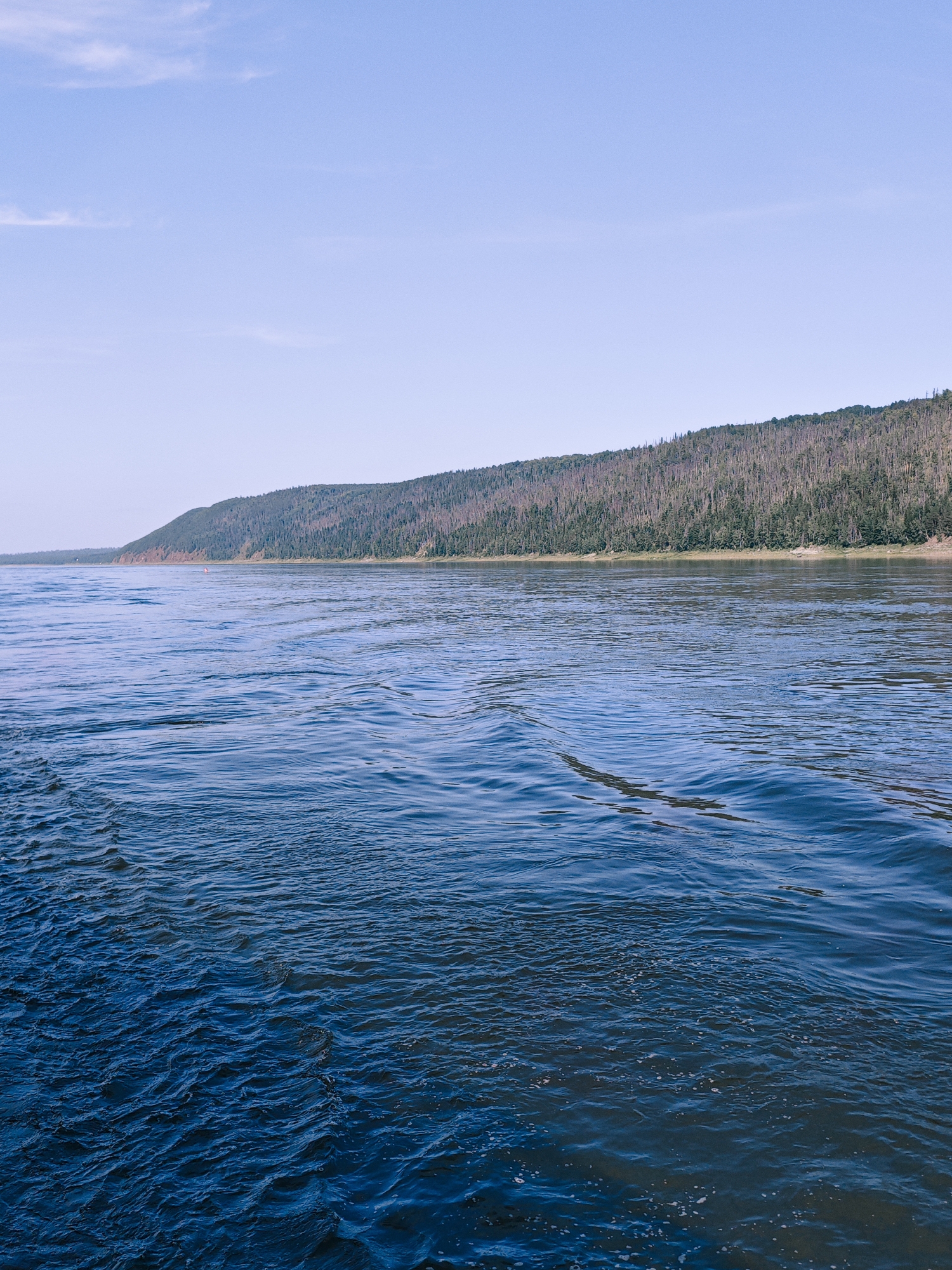 An outdoor, high-angle, medium shot captures a vast body of deep blue water with ripples and waves, suggesting movement. In the distance, a tree-covered hillside slopes down towards the water. The sky above is a pale blue with a few wispy white clouds. The scene appears to be a natural landscape, possibly a river or a large lake. The image does not contain any people or identifiable structures. The location is described as Fomka, Russia.