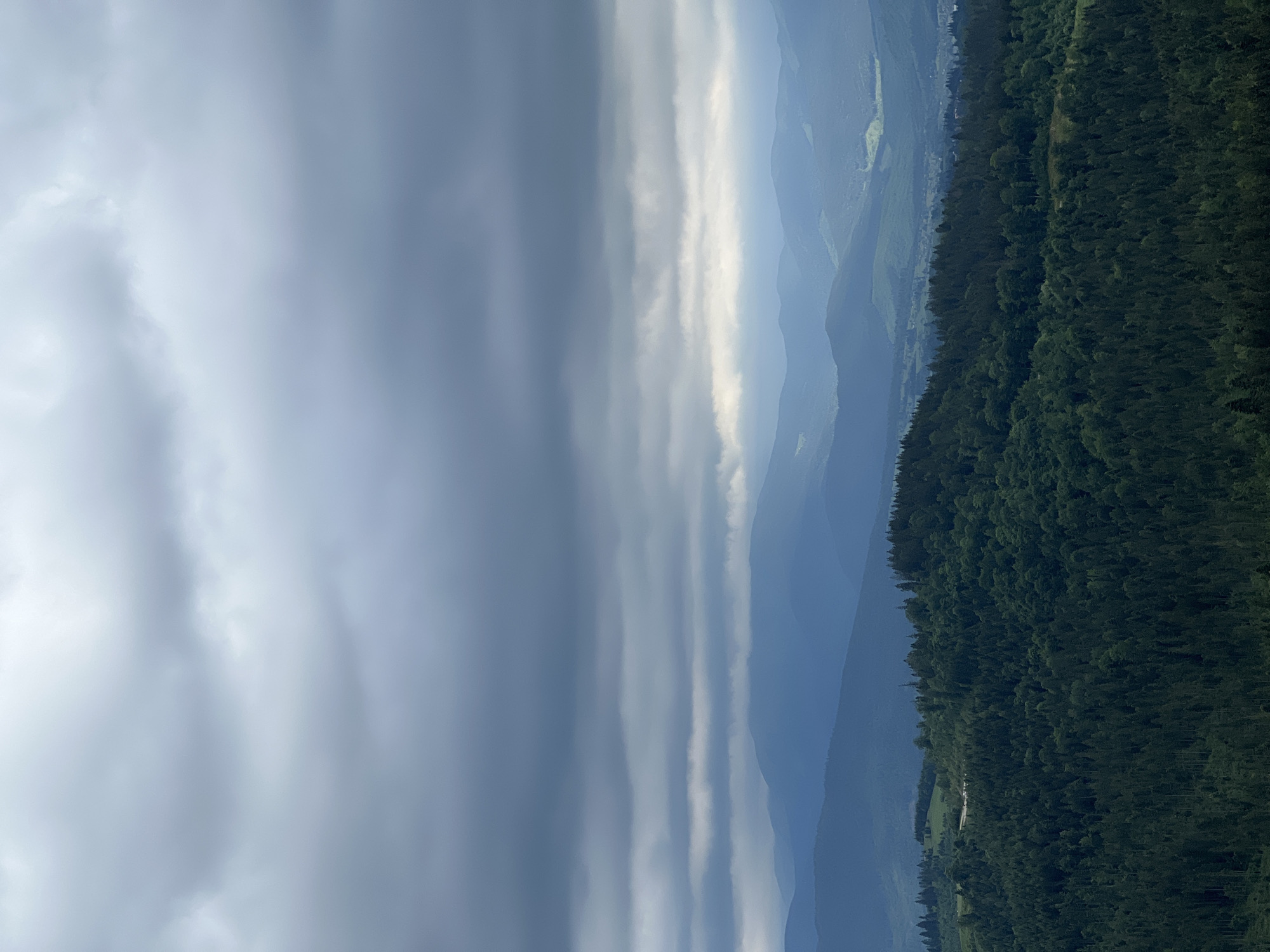 This is an aerial, vertical shot of a mountainous landscape under a cloudy sky. The foreground is dominated by a dense, dark green coniferous forest that covers rolling hills. Beyond the forest, layers of mountains recede into the distance, fading into shades of blue and gray. The sky is filled with heavy, dark gray clouds, with some lighter patches indicating breaks in the cloud cover. The overall mood is somber and atmospheric, suggesting a cool or rainy day.