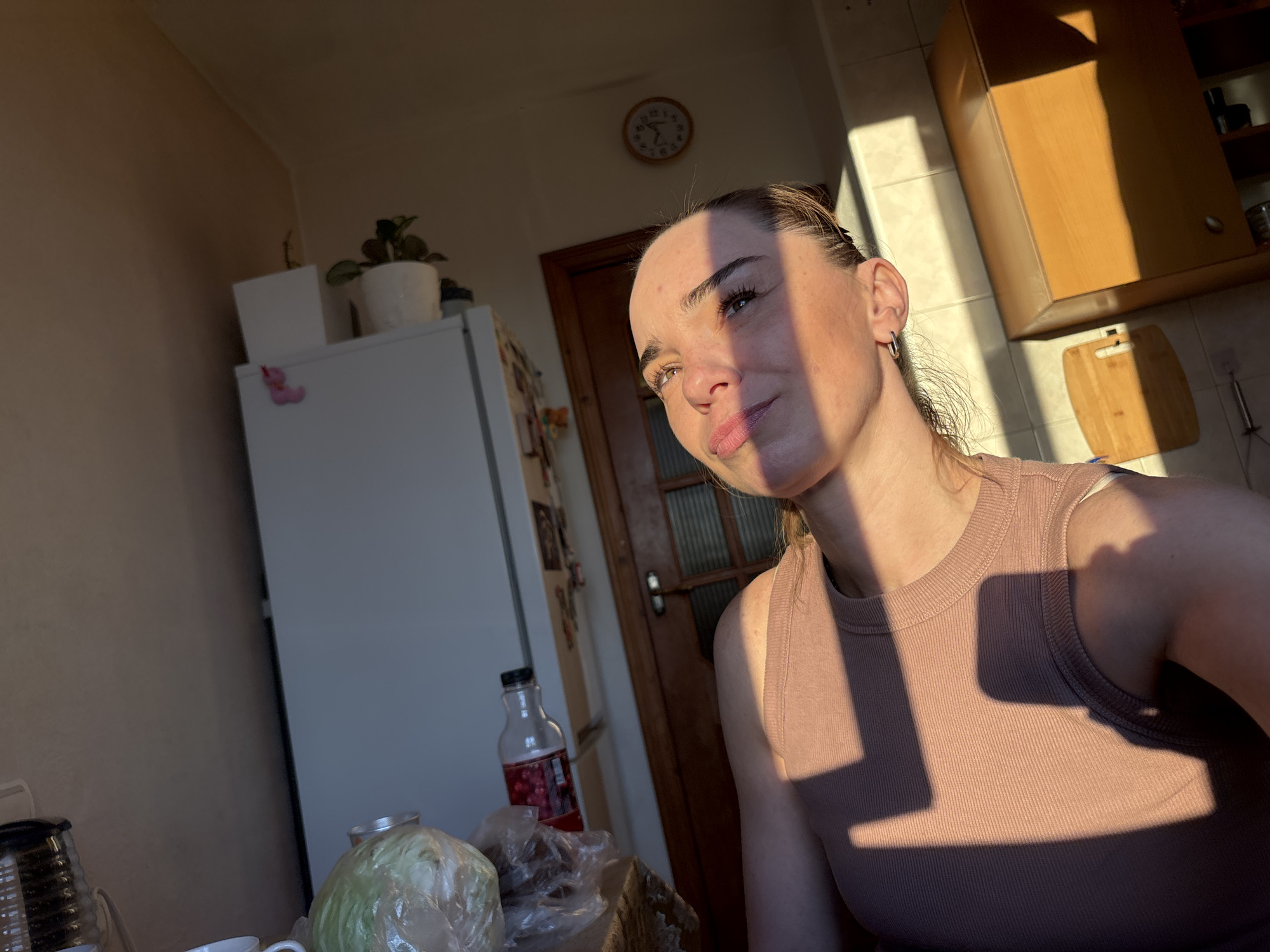 A medium shot captures a young woman with light brown hair pulled back, her face illuminated by the warm glow of natural sunlight streaming in from the right. She is positioned in what appears to be a kitchen, evidenced by the presence of a refrigerator on the left and wooden cabinetry above it on the right. A clock is visible on the wall above the refrigerator.
The woman is looking slightly off-camera to her left, with a gentle, contemplative expression. She is wearing a ribbed, sleeveless top in a muted brown or taupe color. Her hair is tied back, and she has a small silver hoop earring in her visible ear. Shadows from the sunlight create distinct patterns across her face and upper body, highlighting her features and the textures of her clothing.
On the left side of the frame, the white refrigerator is partially visible, with a small potted plant on top. Below the plant, a pink decorative magnet is attached to the refrigerator door. A bottle with a red liquid and a label is also on a shelf or surface near the refrigerator. In the foreground, on a table or counter, a plastic-wrapped head of lettuce or cabbage is visible, along with other unidentifiable items in plastic bags and possibly cups.
The environment suggests an indoor domestic setting, likely a kitchen, bathed in the late afternoon or early morning sun. The overall impression is one of a quiet, personal moment captured by the light. The location is stated to be Unknown, Russia.
