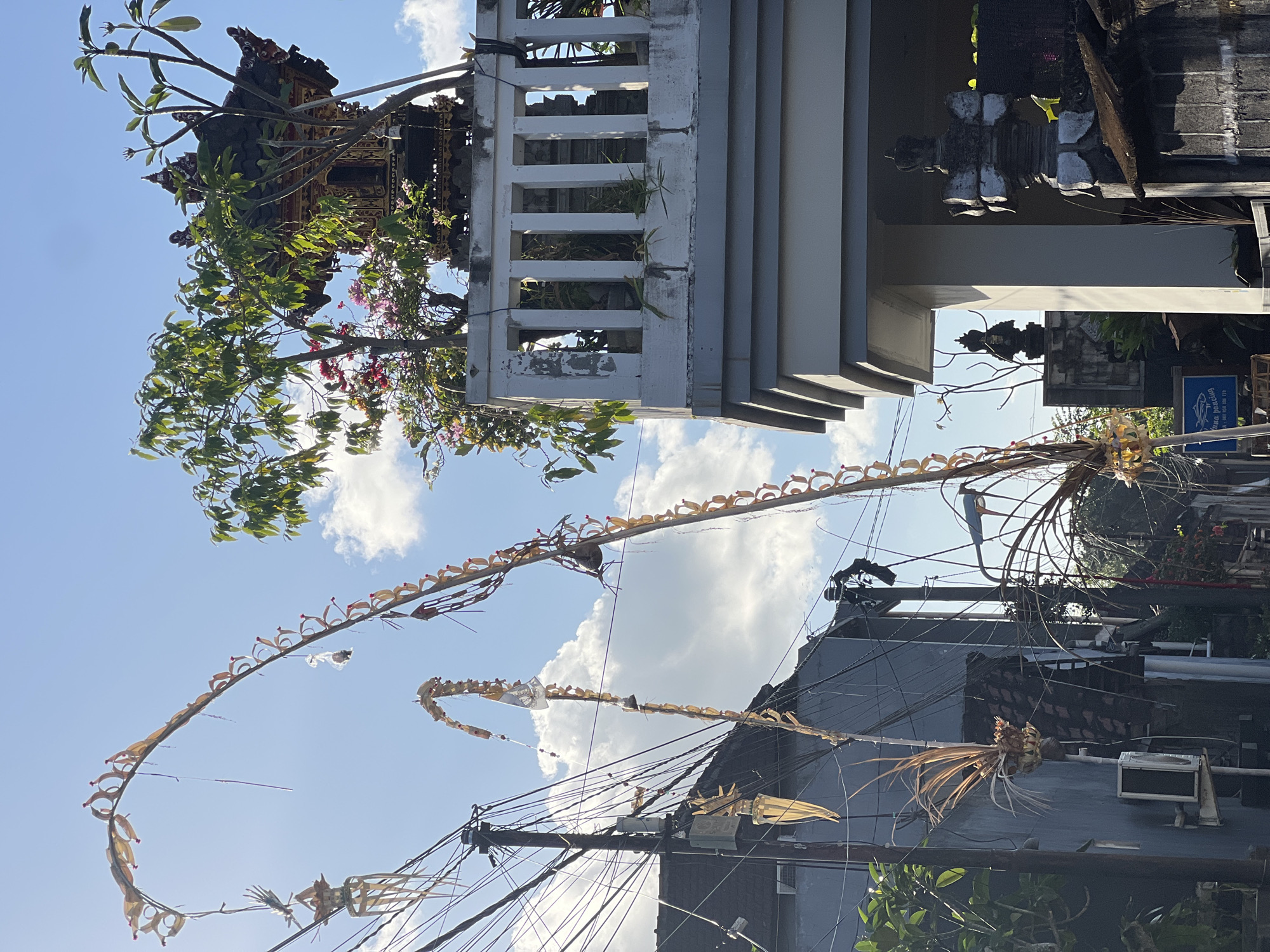 The image depicts a street scene in Denpasar, Indonesia, characterized by a mix of traditional Balinese elements and modern infrastructure. Two prominent *penjor*, or decorative bamboo poles, adorned with woven leaves and offerings, arch across the sky, their tips reaching towards the bright blue sky dotted with white clouds. These *penjor* are typically erected during Balinese holidays and festivals.
In the mid-ground, a tiered Balinese temple structure is visible, situated on a white-railed balcony of a building. Green foliage and pink flowers surround the temple, adding a vibrant contrast to the architectural elements. Below the balcony, the modern building features clean lines and a muted color palette, with a grey facade and white trim.
To the left, a cluster of utility poles and a dense network of electrical wires dominate the foreground, indicating the urban setting. A grey building with an air conditioning unit installed on its exterior is also visible. Further down the street, a street lamp can be seen.
In the lower right portion of the image, a smaller Balinese shrine or statue, likely part of the property's architecture, stands prominently. The overall impression is one of a vibrant cultural landscape where tradition and modernity coexist.