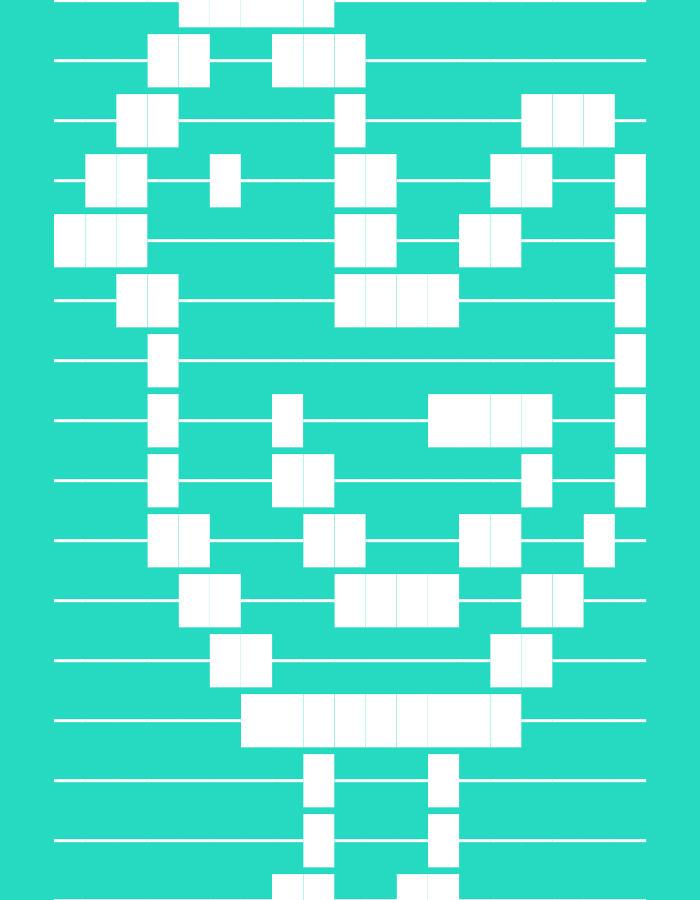 The image is an abstract depiction of a human figure composed of white blocks arranged on a teal background. The figure has a roughly circular head shape with features suggesting eyes and a mouth. The body is blocky, with two vertical segments resembling legs. Horizontal white lines run across the entire image, creating a grid-like effect behind the figure. The style is pixelated or 8-bit. No information is provided to suggest its location is Yerevan, Armenia.