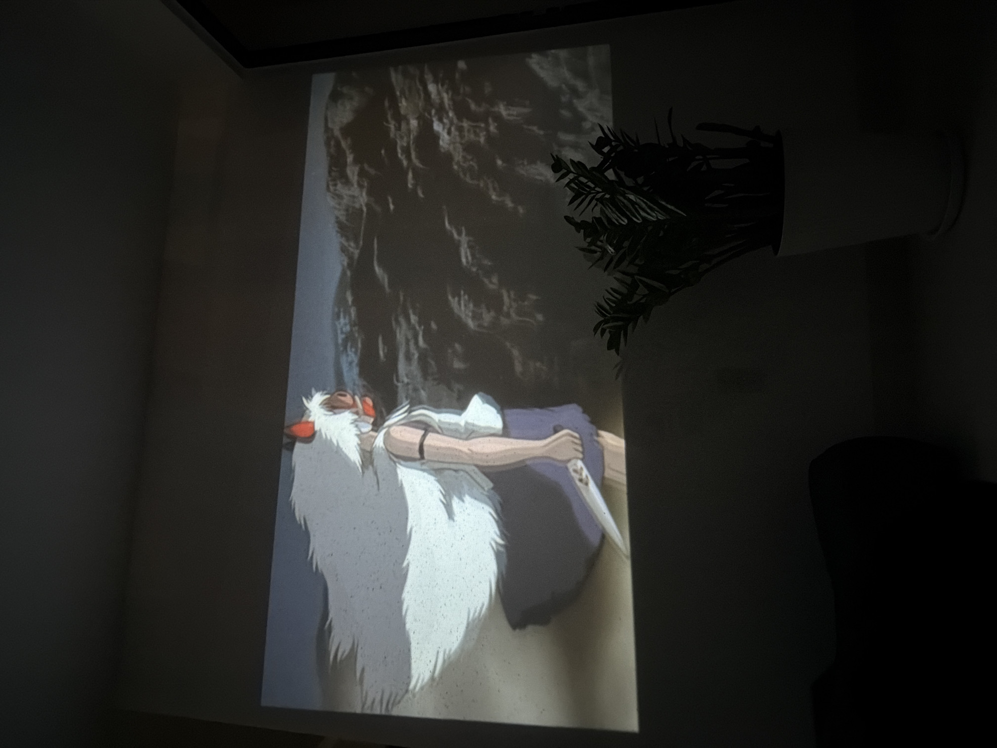 The image shows a wall with a projection of a scene from the animated film Princess Mononoke. The scene features the character San, with her wolf mask and white fur cloak, holding a dagger. The background appears to be a rocky landscape. To the right of the projected image is a potted plant and a dark object, possibly a chair. The image suggests an indoor setting where someone is watching a movie projected onto a wall. The location, Đà Nẵng, Vietnam, cannot be inferred from this image.