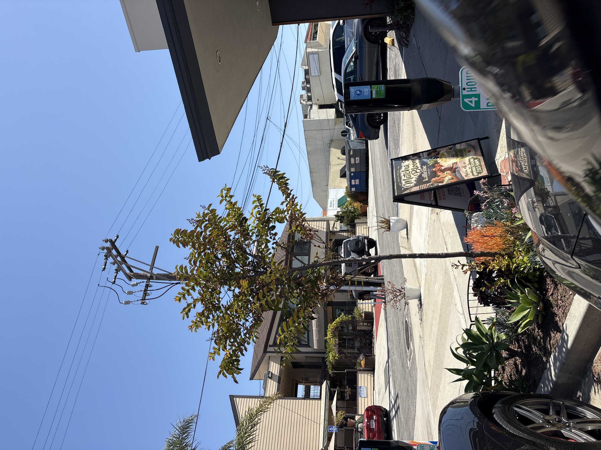 The image depicts a street in Redondo Beach, California, United States of America. A tree stands between the sidewalk and the street, with utility poles and wires visible overhead. A parking meter and a sign advertising "Matcha Bloom Kaffeine" are present on the sidewalk. A "4 Hour Parking" sign is attached to the parking meter. Cars are parked on both sides of the street. The building across the street is labeled "SWOON LAND." Other buildings and businesses are also visible. The sky is clear and blue. The viewpoint is from a car, capturing a partial view of the vehicle's hood and tires.