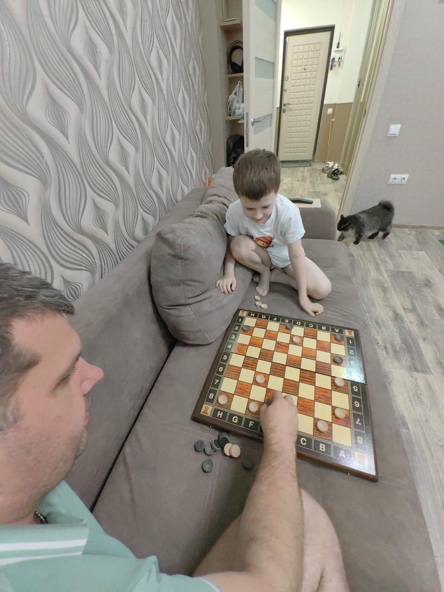 A father and son are playing checkers on the floor in a living room. The father is on the left, wearing a light green polo shirt, and the son is on the right, wearing a white t-shirt. A grey cat is walking in the background. The room has a couch with a textured wallpaper on the wall behind it, and a door and hallway in the background. This scene appears to be in Sochi, Russia.