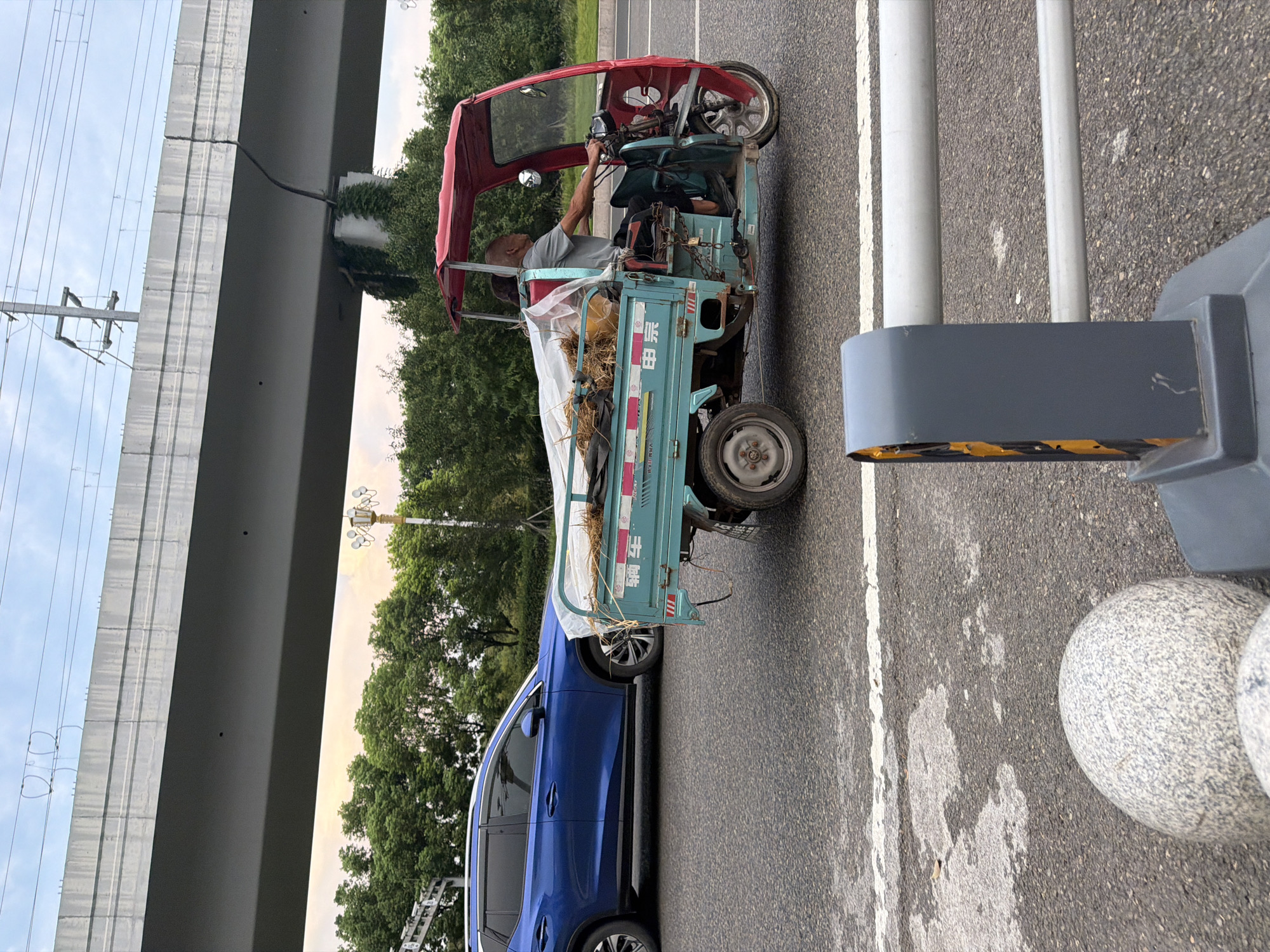 A man drives a red and blue three-wheeled motorized vehicle with a canopy and a cargo bed on a paved road. The cargo bed is filled with hay or straw and covered partially with a white tarp. A blue SUV is on the left side of the frame, also on the road. An elevated concrete structure, likely a bridge or overpass, runs across the top of the image, with power lines visible above it. Green trees line the background behind the road, and the sky is overcast with hints of sunset. The scene appears to be on the outskirts of the city of Jiangjin, China, near a road with traffic.