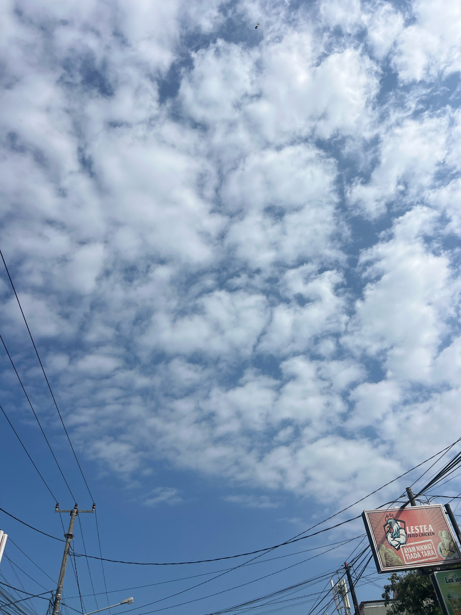 This image depicts a view of the sky in Denpasar, Indonesia, with visible power lines and a sign for "LESTEA FRIED CHICKEN." The sky is partly cloudy with cumulus clouds scattered across a bright blue expanse. A single small bird is visible in the upper left portion of the sky. In the lower right, a sign with a chicken logo and the text "LESTEA FRIED CHICKEN" and "AYAM NIKMAT TIADA TARA" is mounted on a pole. Power lines crisscross the frame, attached to utility poles. In the foreground, the top of a lamppost is visible. The scene appears to be an outdoor urban or suburban setting.