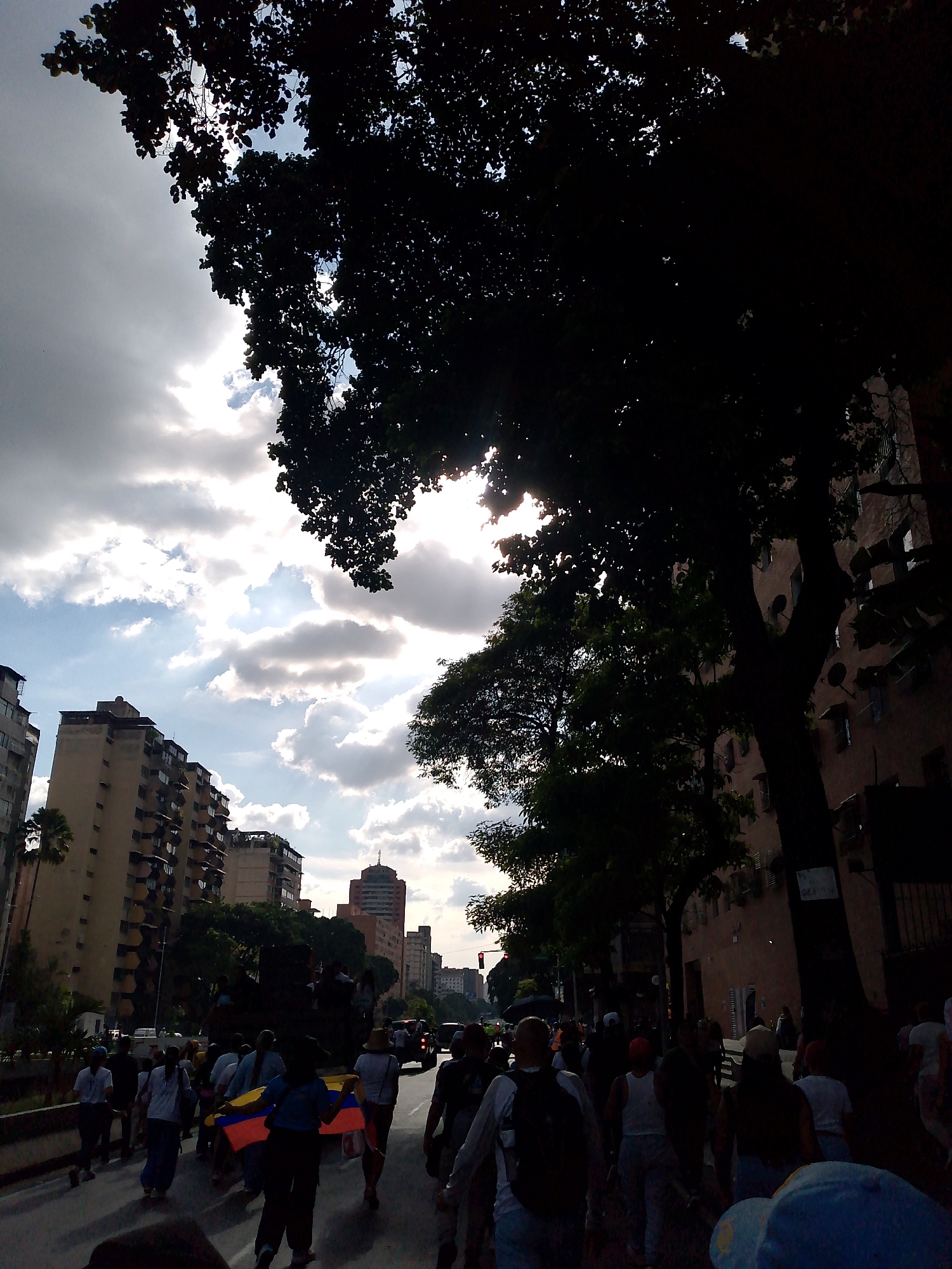 The image depicts a street scene in Caracas, Venezuela, under a cloudy sky with sunlight filtering through. A group of people are walking along a road, some carrying a Venezuelan flag. Tall buildings line the street, and large trees with dense foliage cast shadows. The overall atmosphere suggests a public gathering or protest.