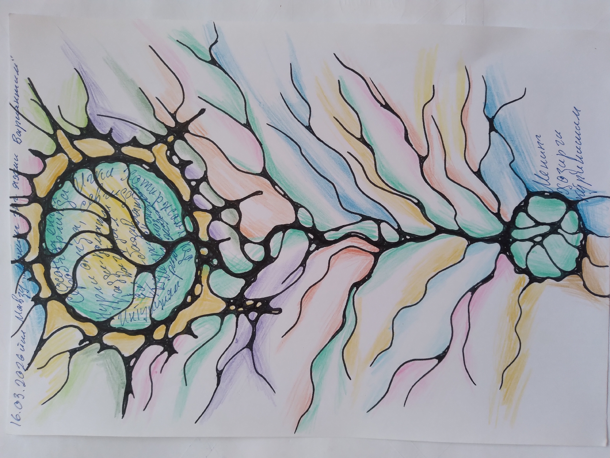 This is a colored drawing on white paper, likely a neurographic art piece. It features a central, organic, tree-like structure with a round, multi-colored element at the top containing handwritten text. The structure branches downwards into wavy lines of various colors, including yellow, green, blue, pink, and orange, set against a white background. There is also handwritten text in the upper left corner, which appears to be a date, and handwritten text at the bottom right. The artwork does not depict any city, location, or people.
