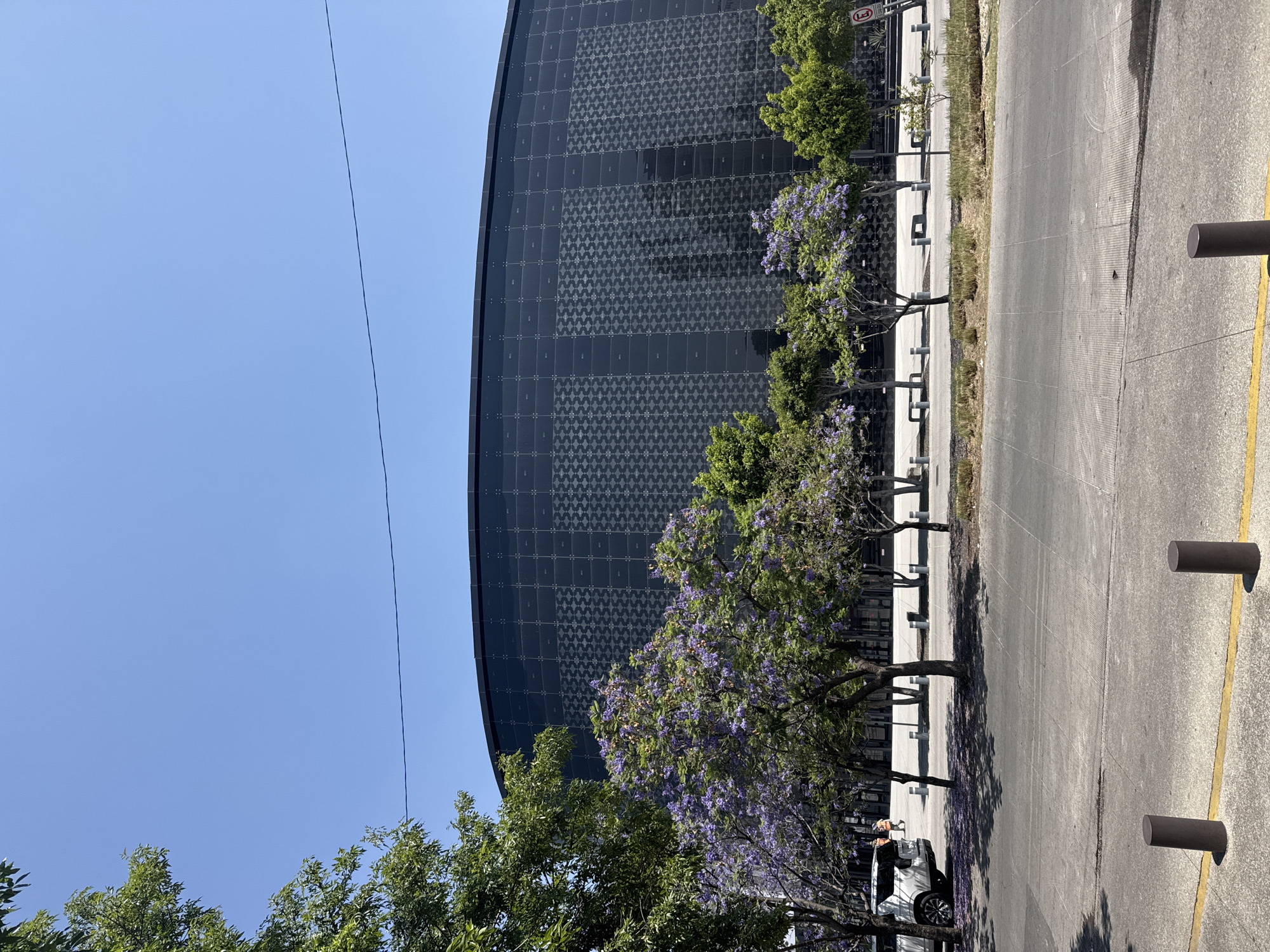This image depicts an outdoor scene in Puebla, Mexico, under a clear, bright blue sky.
The main subject is a large, modern building with a dark, curved facade. This facade is composed of numerous square glass panels, many of which feature a lighter, intricate geometric pattern. The building appears to be several stories high, reflecting a contemporary architectural style.
In front of the building, a row of trees lines a paved area. Many of these trees are lush with green foliage and vibrant purple flowers, characteristic of blooming jacarandas. Their shadows are cast distinctly across the ground, indicating bright sunshine.
To the right of the trees, there is a paved road or parking area with a clear yellow line marking its edge. Several dark, cylindrical bollards are spaced along this line. A white SUV is partially visible, parked beneath the trees, and a person can be seen standing near the vehicle.
The time of day is clearly daylight, likely mid-morning or afternoon, given the bright illumination and distinct shadows. The weather is sunny and clear, with no clouds visible in the expansive blue sky. A thin, dark utility line stretches across the upper sky.
A red circular sign with a white "E" crossed by a diagonal line, indicating "no parking" or "no stopping," is visible near the top right of the building's facade. No specific event or widespread activity is taking place, just a calm outdoor scene with a parked car and a pedestrian.