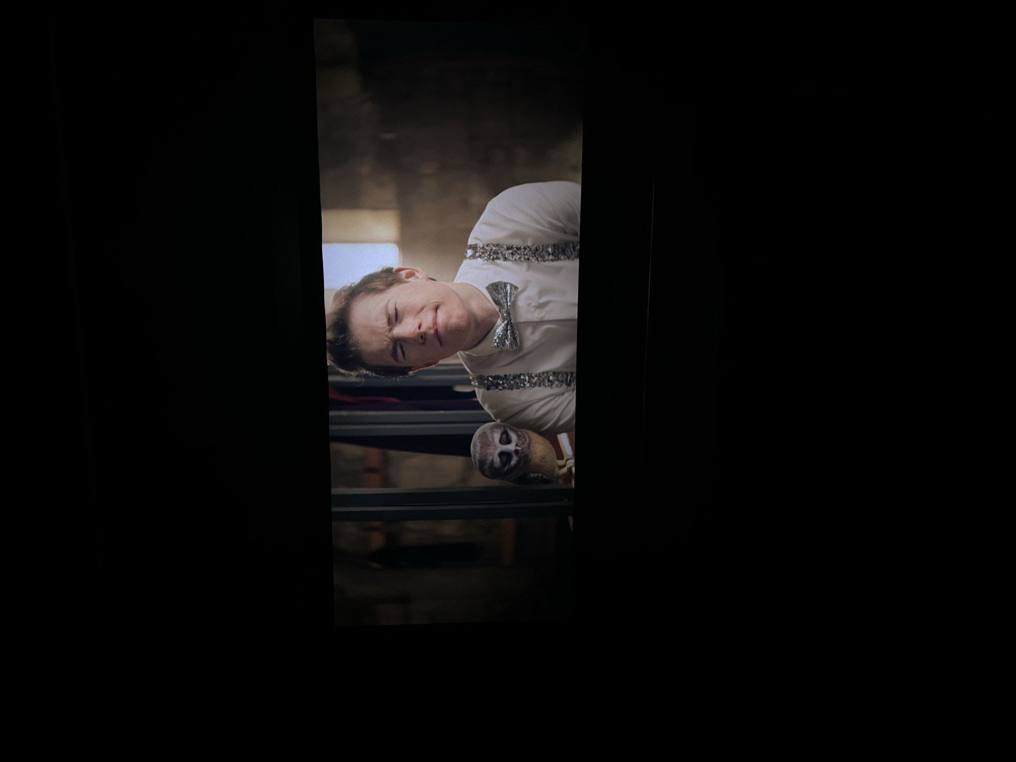 A medium shot depicts a light-skinned male with fair hair wearing a white collared shirt with silver sequins outlining the shoulder seams and a matching silver bow tie. He is holding a small owl. The background appears to be an interior location, possibly a building or structure with a window or opening allowing light to enter. The scene could potentially be located in Blagoevgrad, Bulgaria, but there are no elements in the image that definitively confirm this location.