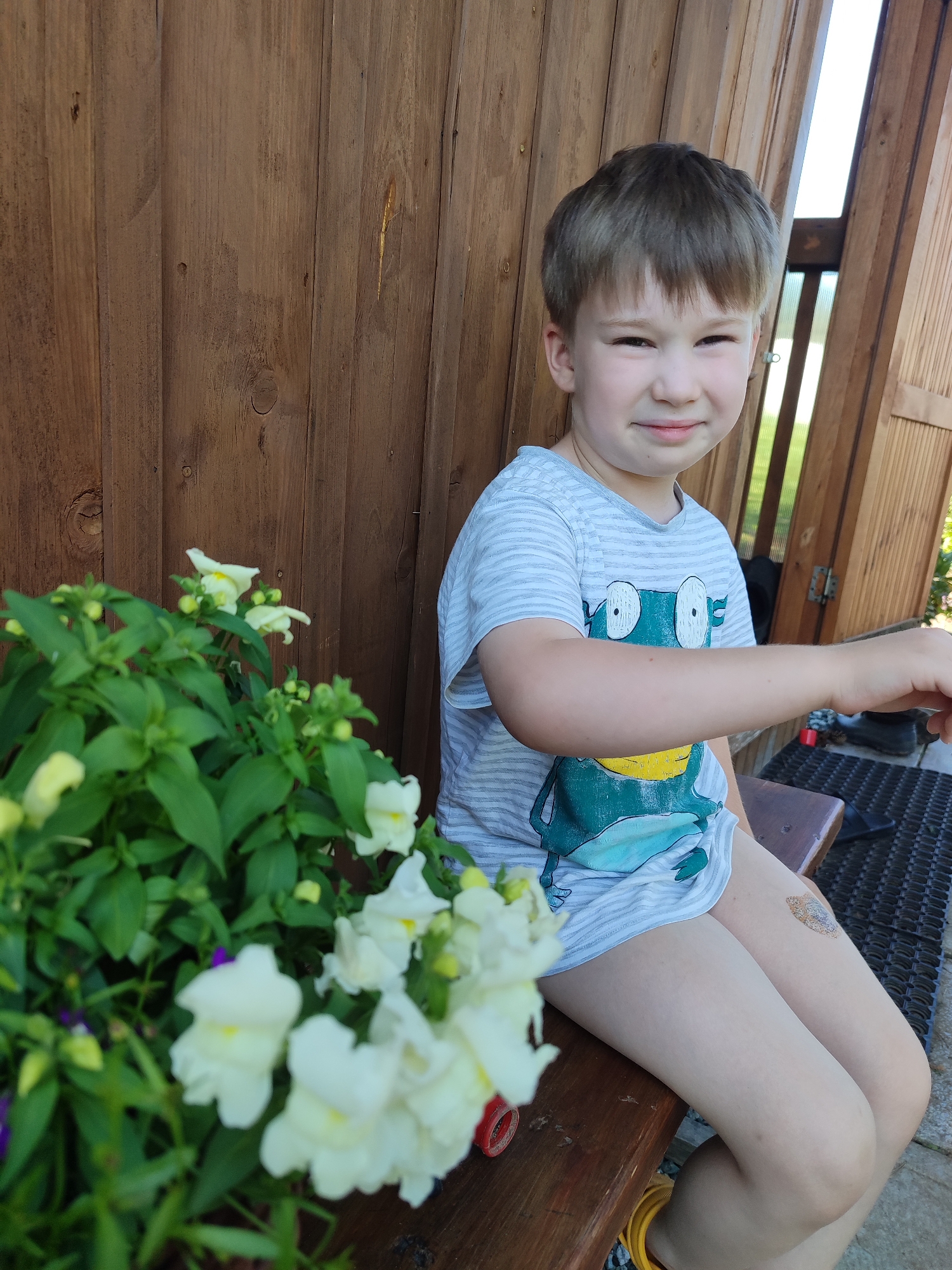 A young boy with light brown hair sits on a wooden bench in front of a wooden wall. He wears a gray and white striped t-shirt with a green frog graphic. To his left, a potted plant with green leaves and white flowers is visible. The scene appears to be outdoors, possibly in the city of Sovetsko-Nikol'skoe, Russia.