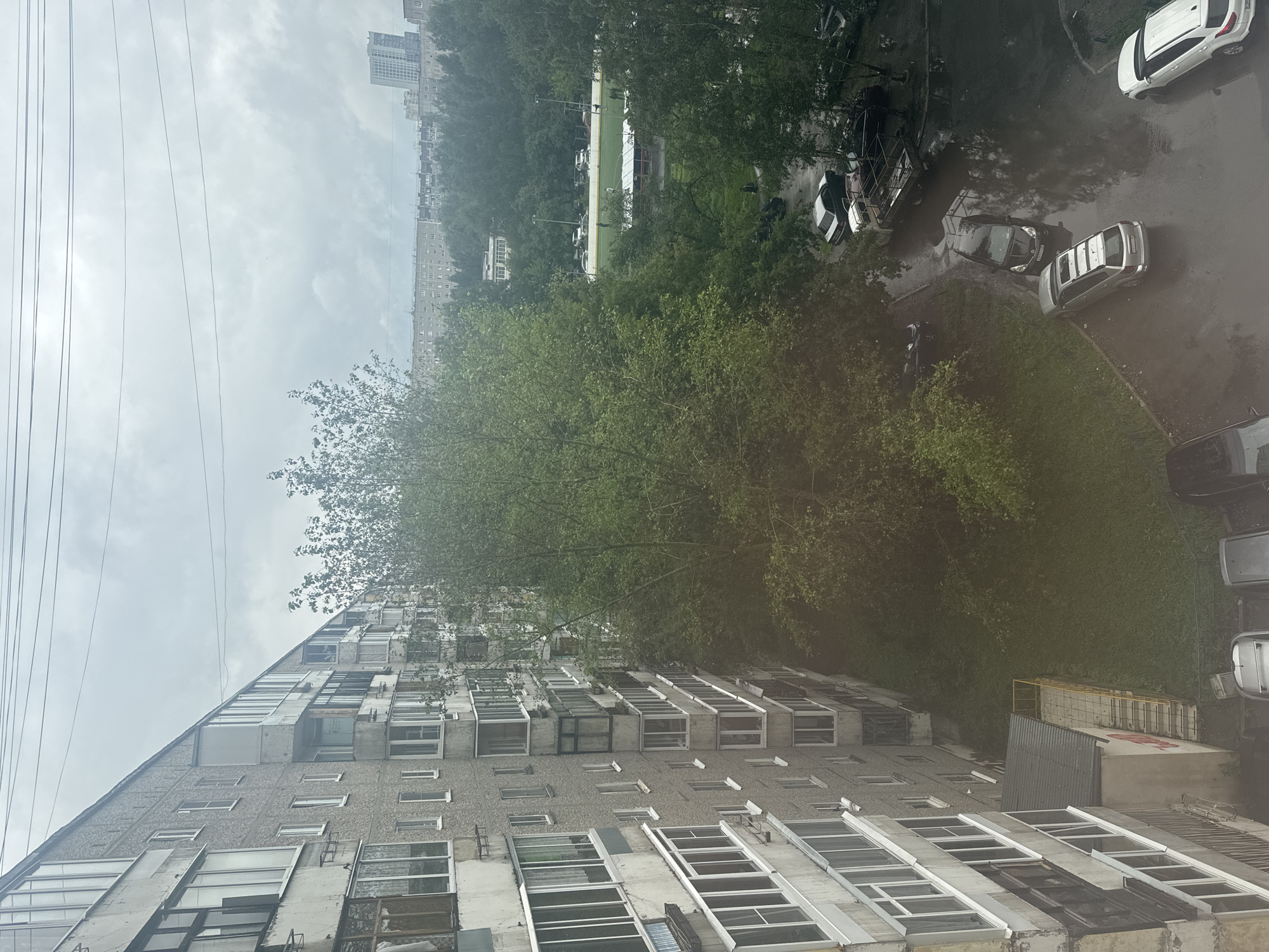 The image depicts an aerial view of a residential area on an overcast day. In the foreground, the side of a multi-story apartment building, characterized by its concrete facade and numerous balconies with glass enclosures, dominates the left side of the frame. A large, leafy tree stands prominently in the middle ground, obscuring a portion of the apartment building and extending towards the right. Beyond the tree, a residential street is visible, with several parked cars, including a white SUV, a silver minivan, and a dark sedan. A small patch of green space with some scattered trees and what appears to be a sports field or playground with a white structure and a few individuals are also present. In the background, a long, grey apartment building stretches across the horizon, interspersed with more greenery, and a tall, modern skyscraper with a light-colored facade stands out against the cloudy sky. Overhead power lines are visible across the top of the image. The ground appears wet, suggesting recent rainfall.