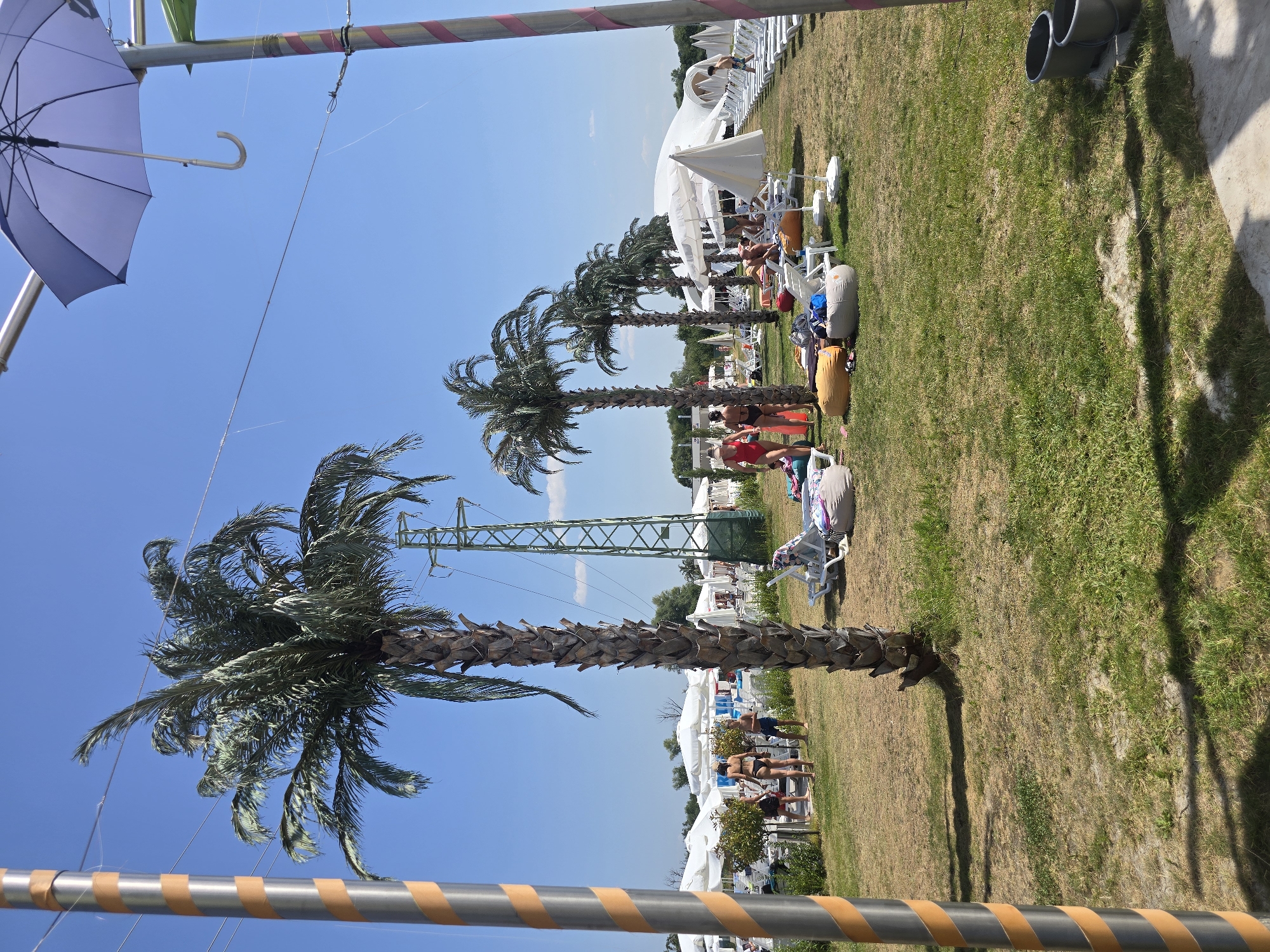The image depicts an outdoor scene on a sunny day, likely a beach resort or a park with recreational facilities. The foreground features a grassy area with scattered beanbag chairs and lounge chairs, some of which are occupied by people. Several artificial palm trees are strategically placed throughout the scene, adding to a tropical ambiance. In the background, white tents or canopies provide shade, and further back, there are indications of power lines and a tall green metal structure, possibly a transmission tower. The sky is a clear blue with a few wispy clouds. There are multiple people visible, some in swimwear, relaxing on the chairs or walking around. The overall atmosphere suggests a leisure or vacation setting.