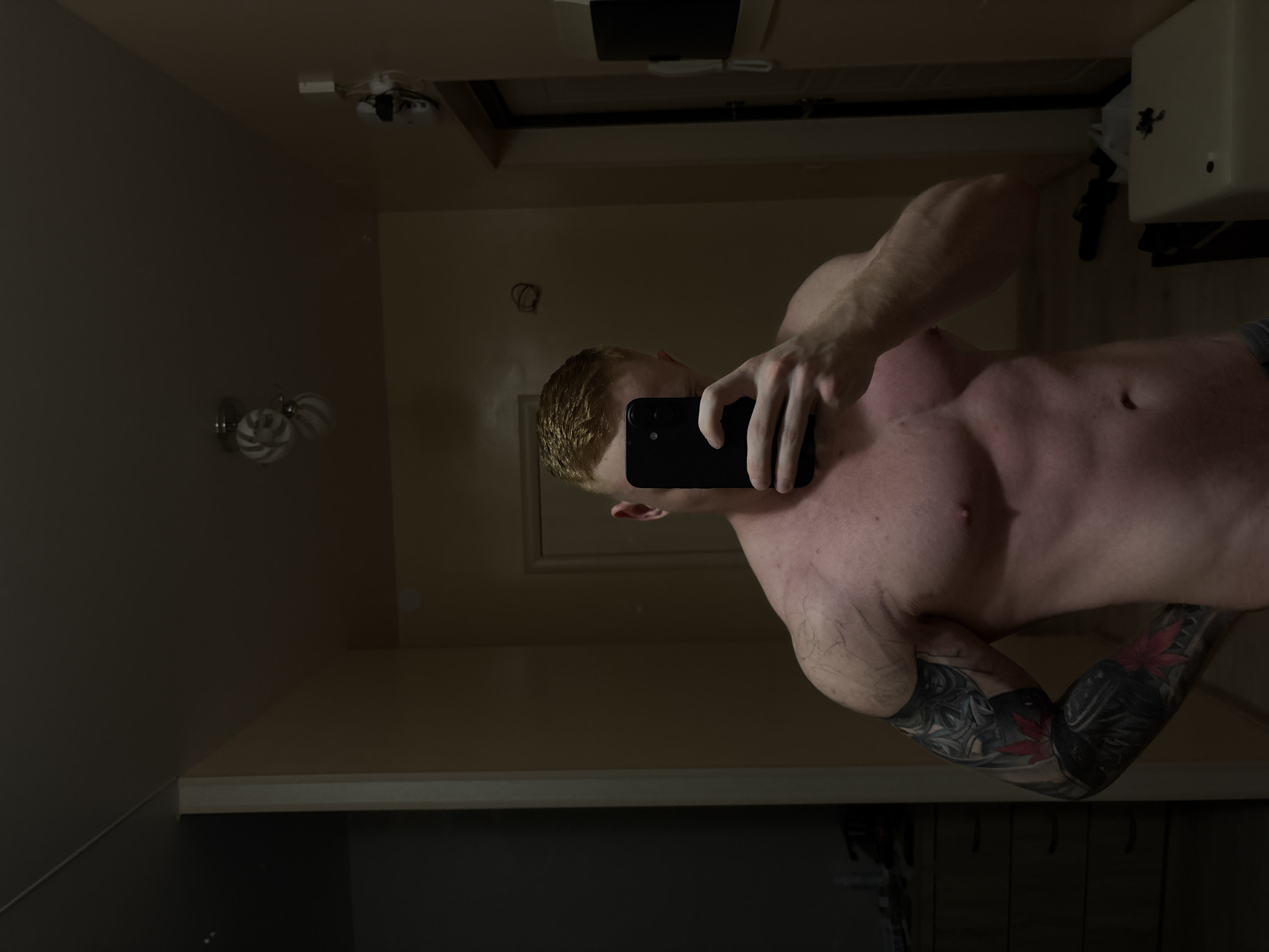 The image shows a shirtless man with fair skin and short, ginger hair taking a selfie in a bathroom mirror. He is holding a black smartphone. The man has tattoos on his left arm. The bathroom has a light-colored sink, a light fixture on the wall, and an exhaust fan on the ceiling. The wall is painted a neutral color. There is no discernible information from the image to indicate that it was taken in the city of Chaikovsky, Russia.
