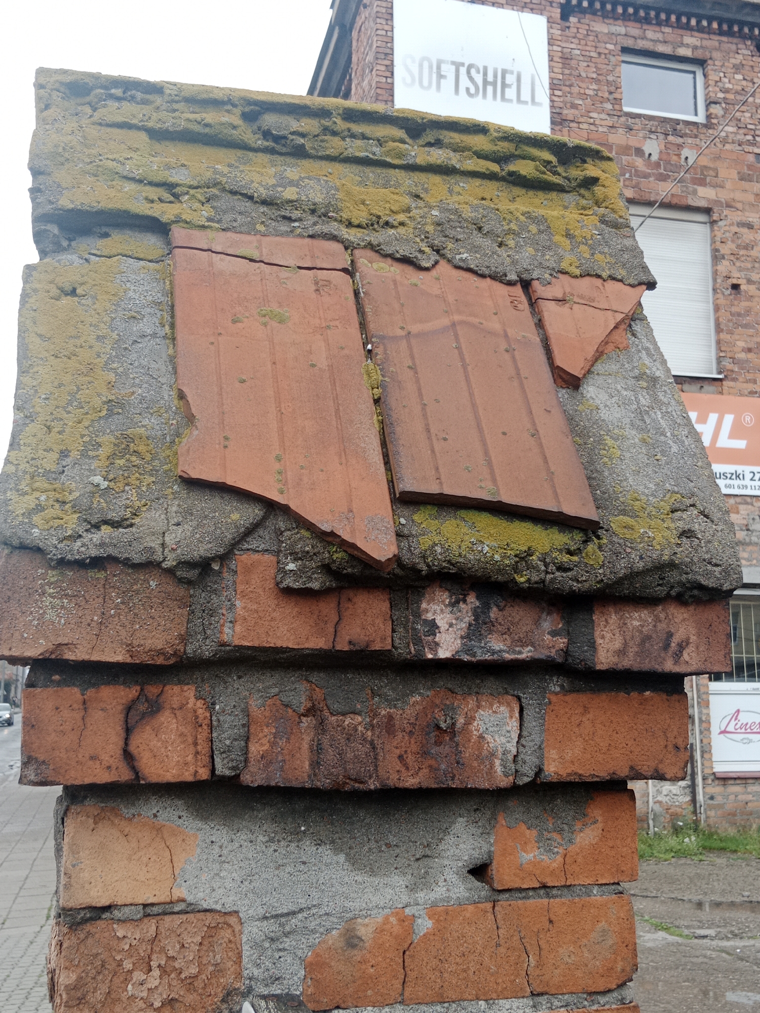 The image shows a weathered brick column covered in patches of moss and lichen. Several broken red roof tiles are embedded in the top section of the column, which is capped with concrete. The background reveals a brick building with a sign that reads "SOFTSHELL" and another partially visible sign with the letters "HL". The overall scene suggests an outdoor urban environment, likely a street in Bydgoszcz, Poland, given the context provided. The column appears to be an architectural element, possibly a gatepost or part of a fence, showing signs of age and exposure to the elements.