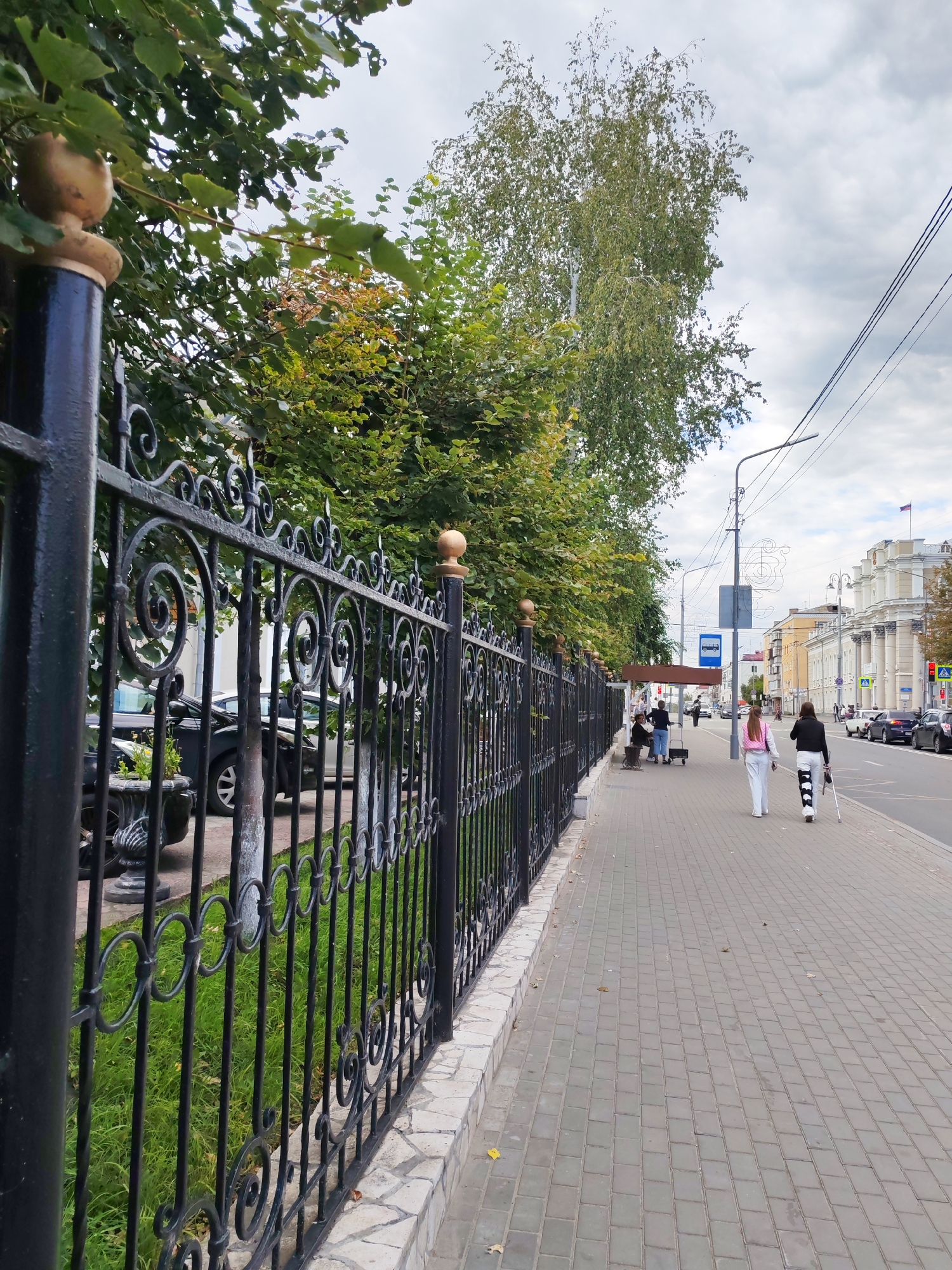 This is a medium shot, eye-level, outdoor, daytime, vertical photograph of a street scene. In the foreground, a black wrought-iron fence with decorative scrolls and gold finials runs along the left side of the image. Beyond the fence, green grass is visible. To the right of the fence, a paved sidewalk is lined with grey interlocking pavers. Two women are walking away from the camera on the sidewalk. The woman on the left wears a pink hooded jacket and white pants, while the woman on the right wears a black jacket, white pants, and uses a white crutch. They are walking towards a street on the right, which has several cars parked and driving on it. In the background, there are trees with green and yellow foliage, buildings with classical architecture, a bus stop shelter, and streetlights. The sky is overcast with grey clouds. The overall impression is a residential or commercial street scene in a city.