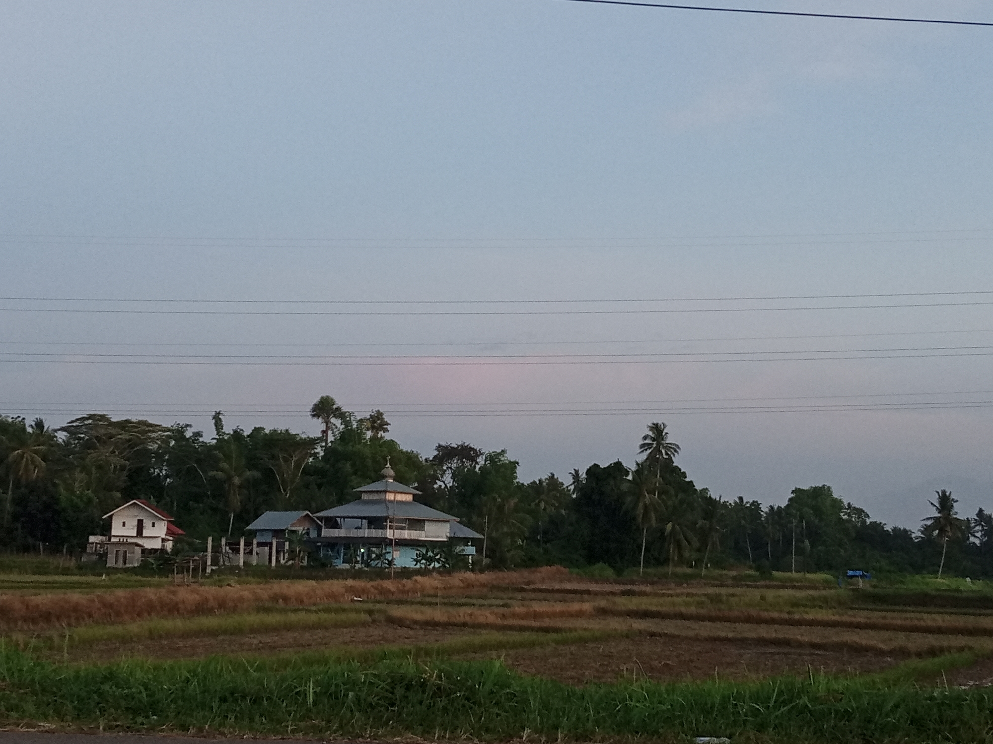 The image depicts a rural scene in Cottupah, Indonesia. A harvested rice field lies in the foreground, with green grass along the road. Several buildings are visible in the middle ground. One is a two-story blue and white building with a dome on top. There is also a small white house with a red roof and a concrete foundation. Trees fill the area behind the buildings. Overhead power lines run across the sky. The sky is dusky with pink light.