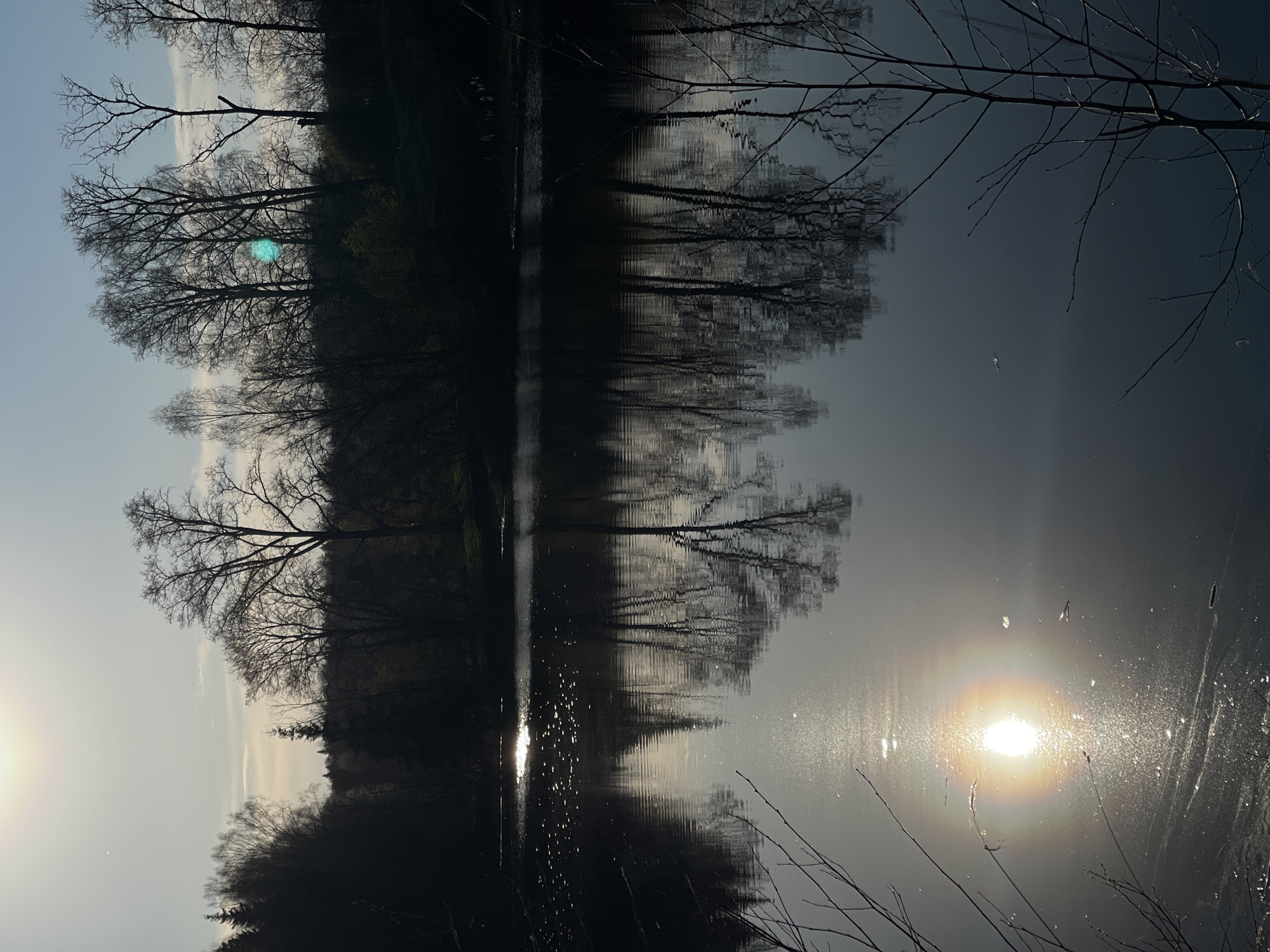 The image depicts a reflective body of water, likely a lake or wide river, with a shoreline lined with trees in Zhigalki, Russia. The time of day is likely late afternoon or early evening as the sun is low on the horizon, creating a bright reflection on the water's surface. The trees are mostly bare, suggesting it may be late autumn or early spring. The light reflected on the water shows some rippling of the surface, creating a shimmering effect. The rest of the water is fairly calm. The image has a symmetrical composition. No people or animals are visible.