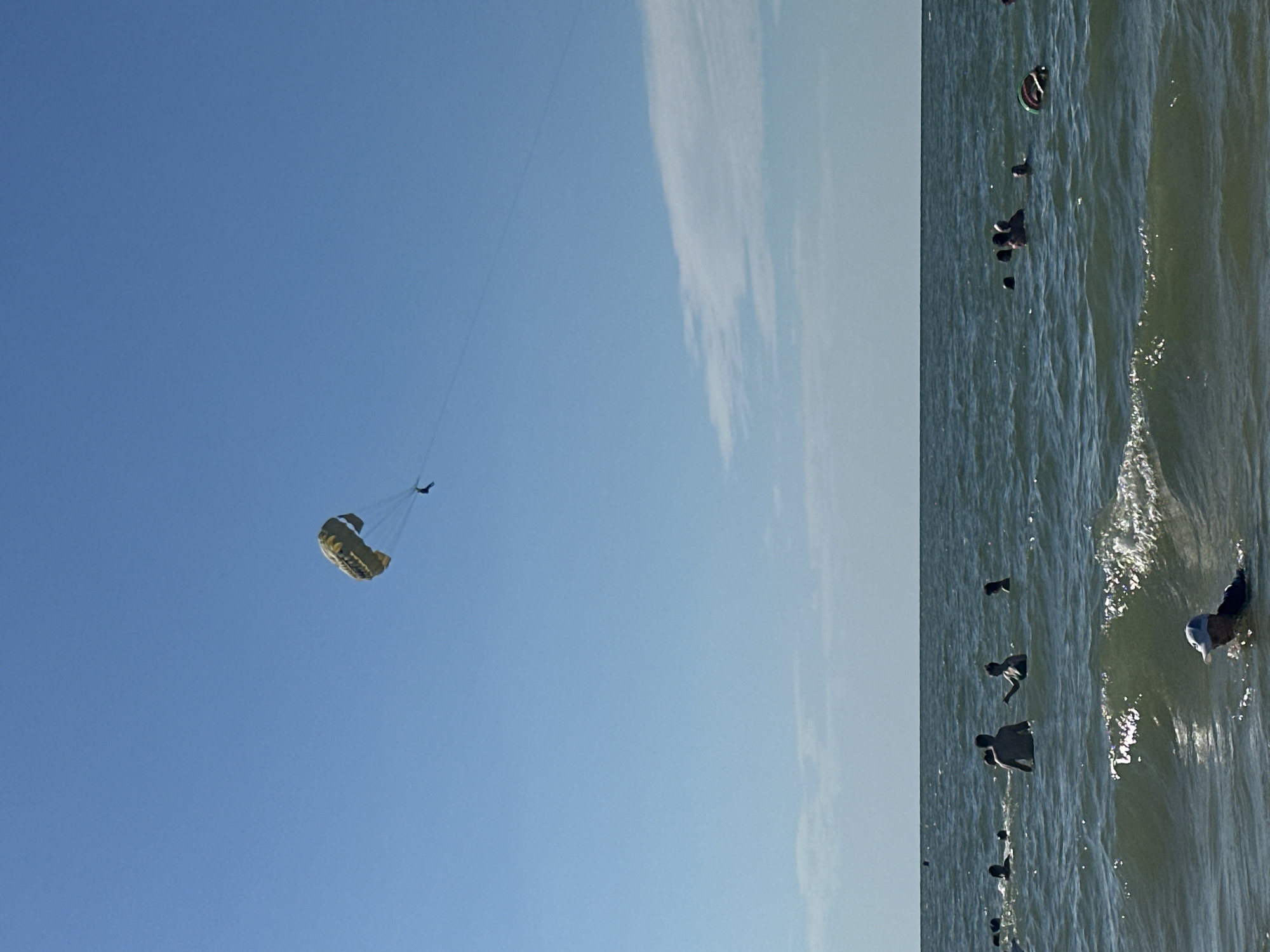The image shows a clear blue sky with a parachute in the distance. The parachute appears to be yellow and has a person attached to it. The parachute is descending towards a body of water. The water is choppy and appears to be the sea. There are several ducks or other water birds swimming in the water. The scene is lit by bright sunlight, suggesting it is daytime. The overall impression is of an outdoor recreational activity. The image appears to be taken from a low angle, looking up at the sky and the parachute. The presence of water birds and the choppy water suggest a coastal location, likely Golubitskaya, Russia. There is no visible text in the image.