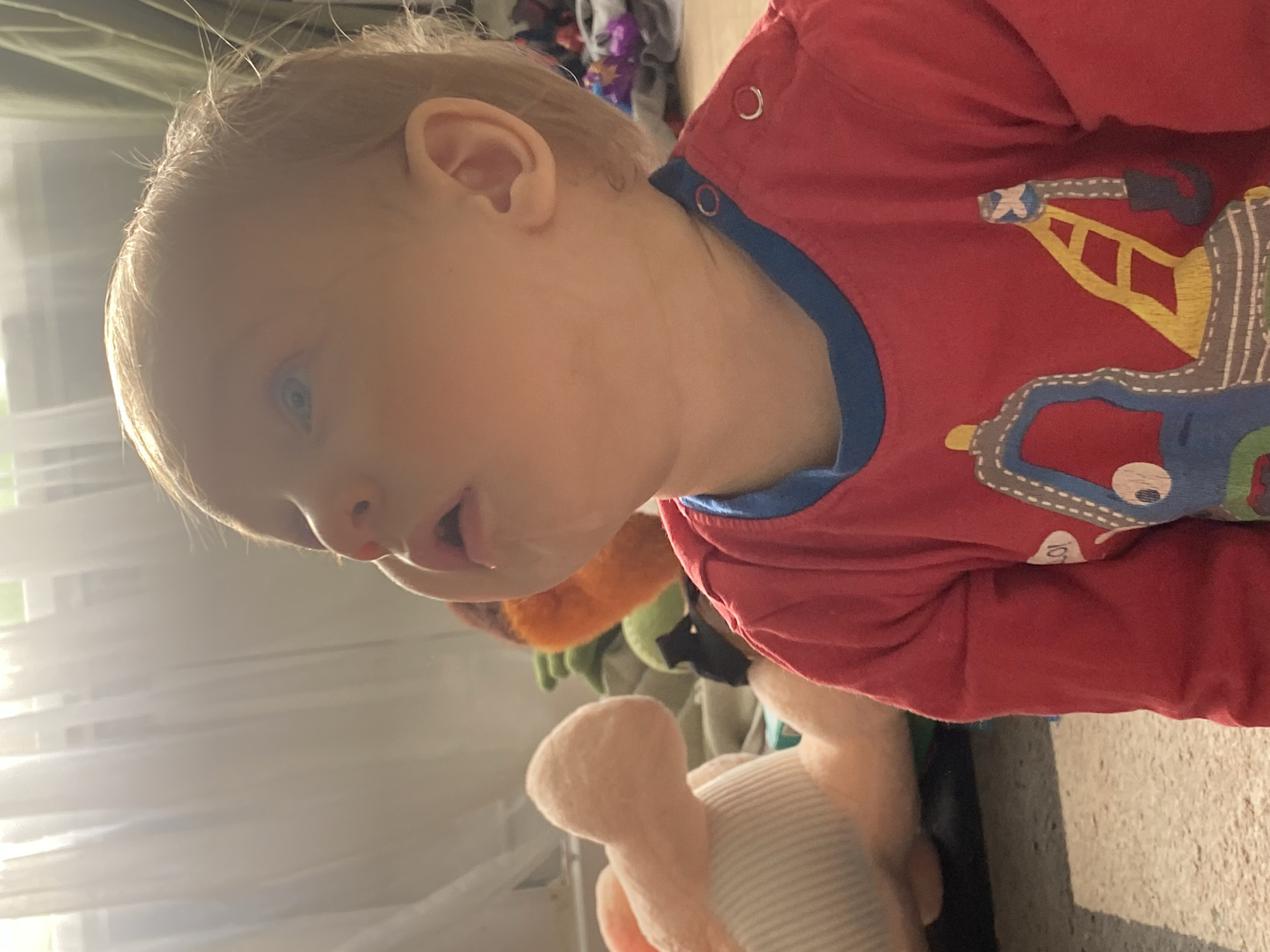 This image depicts an infant seated indoors in Chaikovsky, Russia. The infant has light-colored hair and blue eyes, and is looking upwards and slightly to the left with an open mouth. The infant is wearing a long-sleeved red shirt with a blue collar, featuring a graphic of a blue truck and a yellow crane. Two metallic snaps are visible on the left shoulder of the shirt. The background is softly blurred, showing several plush toys, including a large light-pink toy with a striped section on the left and an orange and green toy behind it. Bright natural light illuminates the scene from a window in the upper left, partially obscured by sheer white curtains. A light-colored carpet or rug covers the floor in the foreground.