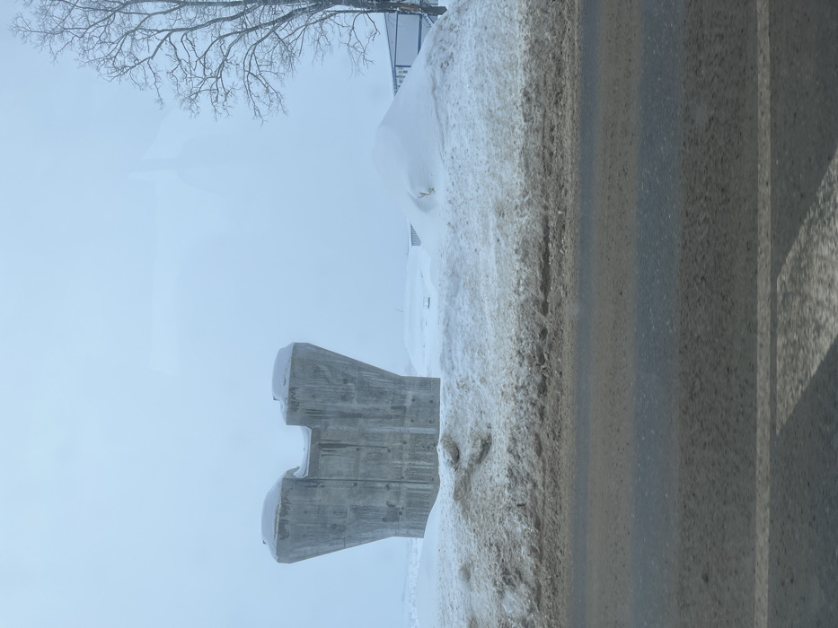 The image presents a stark, overcast winter scene in Borisovo, Russia. A wet, dark asphalt road with a faded white lane marker runs across the foreground, showing signs of dirt and moisture. Adjacent to the road, a substantial bank of dirty, slushy snow is piled. In the midground, to the left, stands a large, unornamented concrete structure, possibly a bridge support or pier, its upper portion featuring a wide, U-shaped indentation and capped with fresh snow. Vertical discolorations and streaks are visible on its concrete surface. To the right, beyond more snow accumulation, a section of a bare deciduous tree rises, with hints of a fence and a building featuring a blue facade visible in the far midground. The entire background is dominated by a uniform, light grey overcast sky. No individuals, vehicles, or specific actions are depicted.